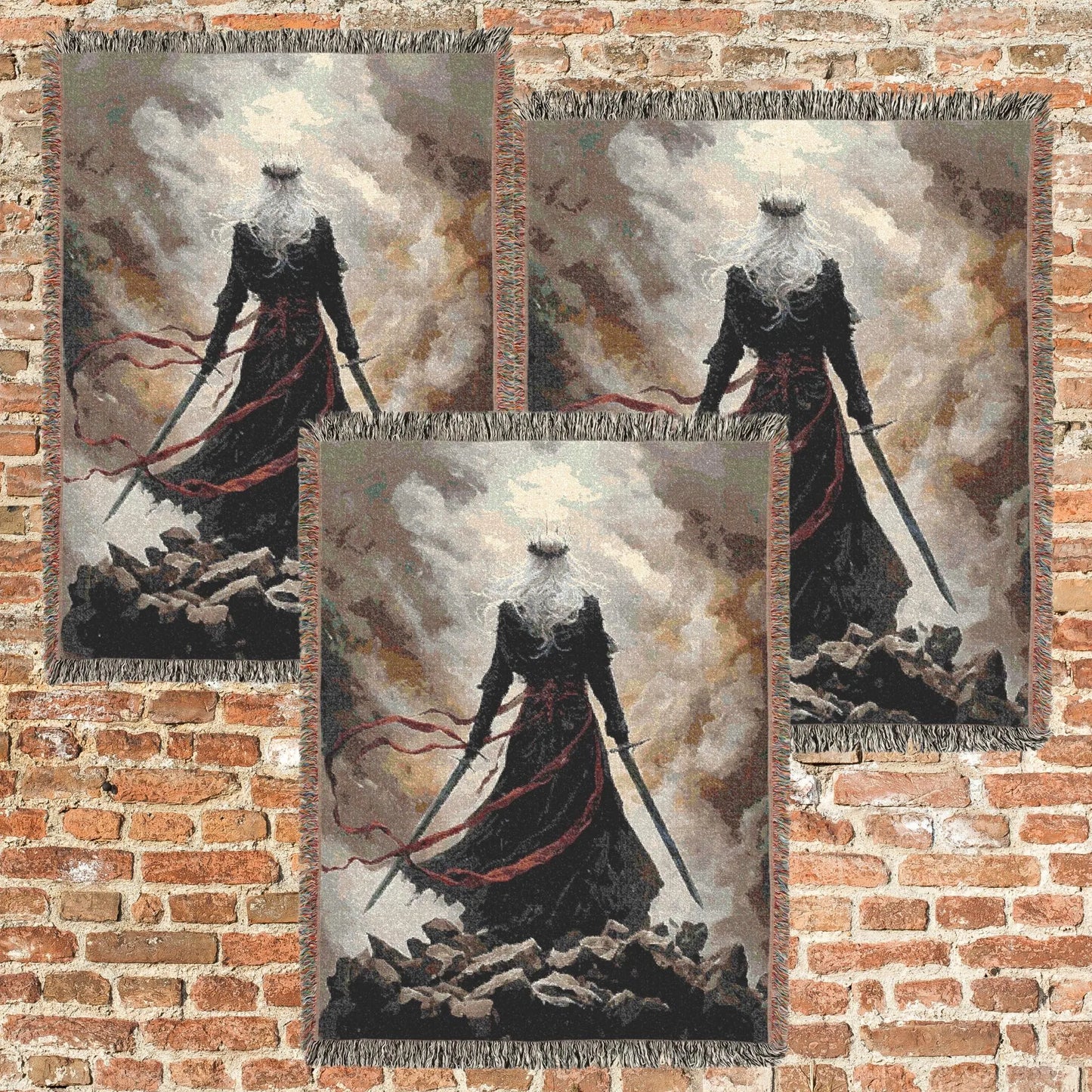 Woven tapestry of a warrior in a dark dress with a sword against a cloudy sky, displayed on a brick wall.