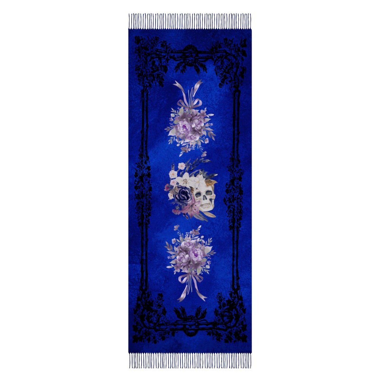Decorative scarf with floral and skull designs on a blue background