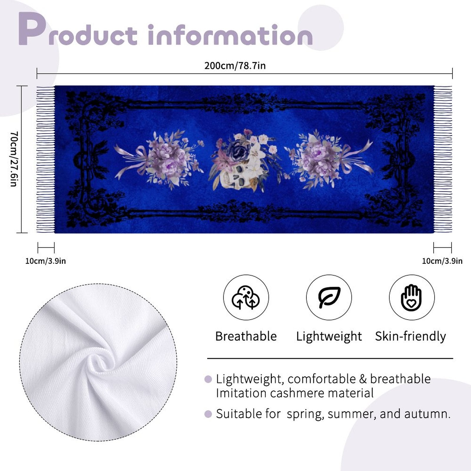 Blue floral-patterned fabric with measurements and product information on a white background