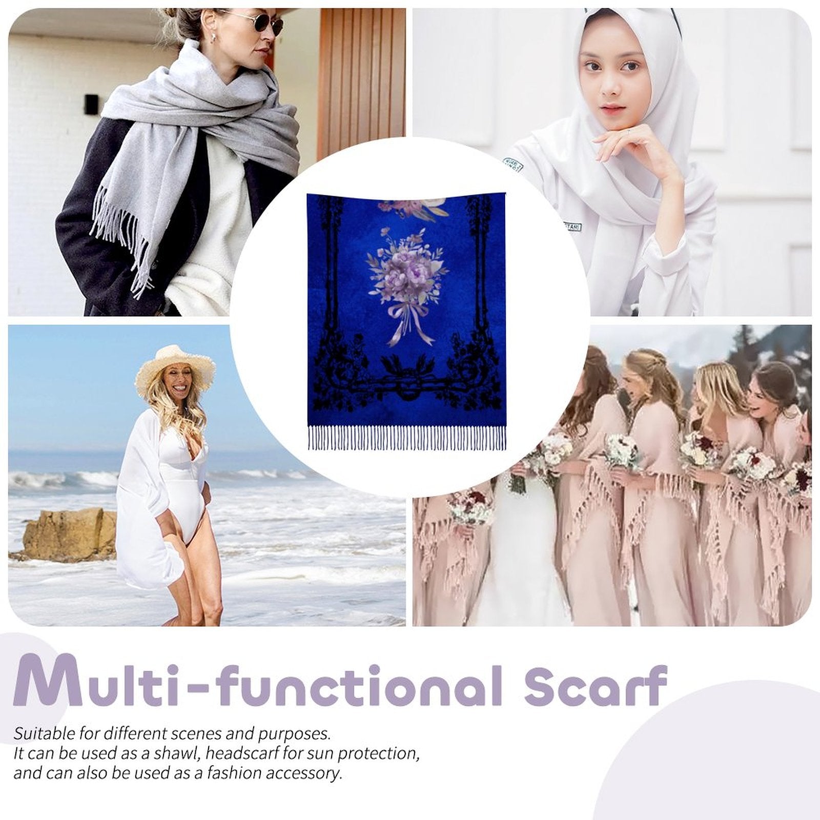 Collage of people wearing scarves with a focus on a blue floral scarf.