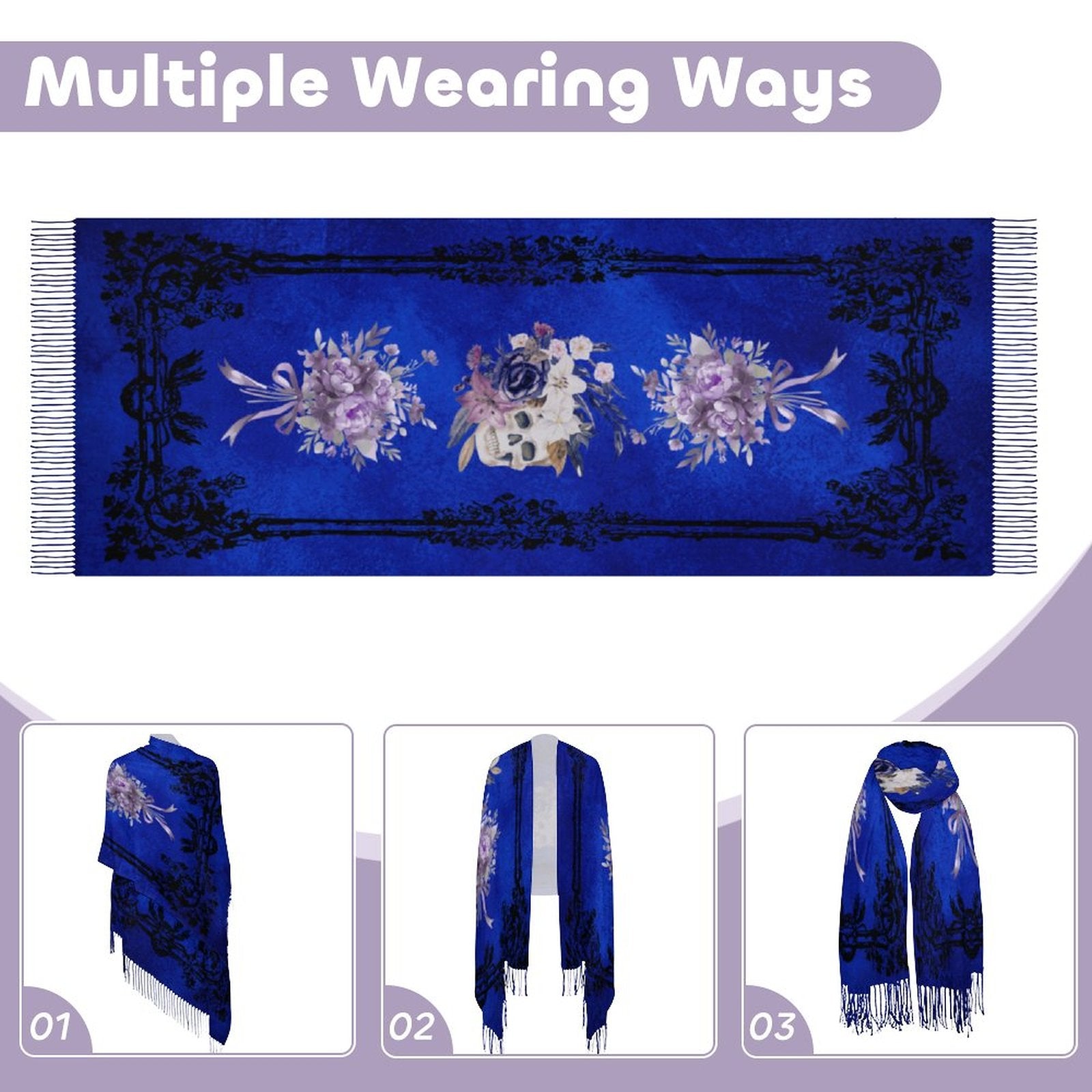 Blue scarf with floral designs and multiple wearing options displayed.