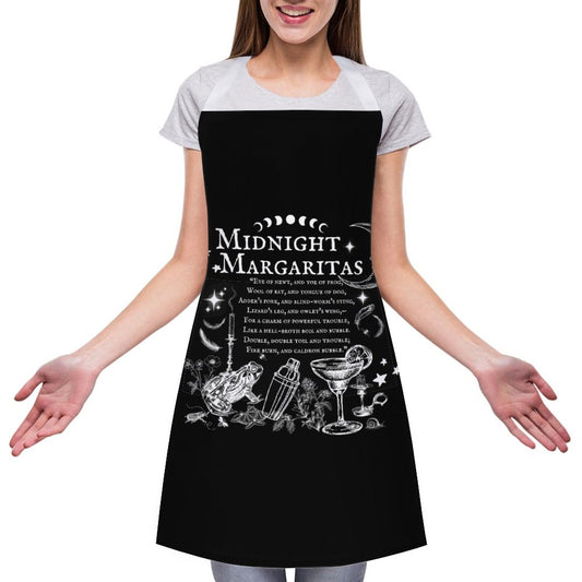 Person wearing a black apron with 'Midnight Margaritas' design and white shirt.
