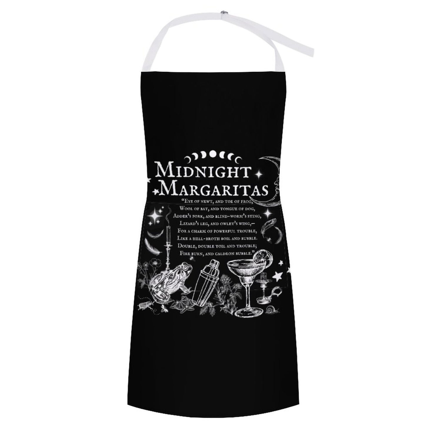 Black apron with 'Midnight Margaritas' text and cocktail graphics on a white background