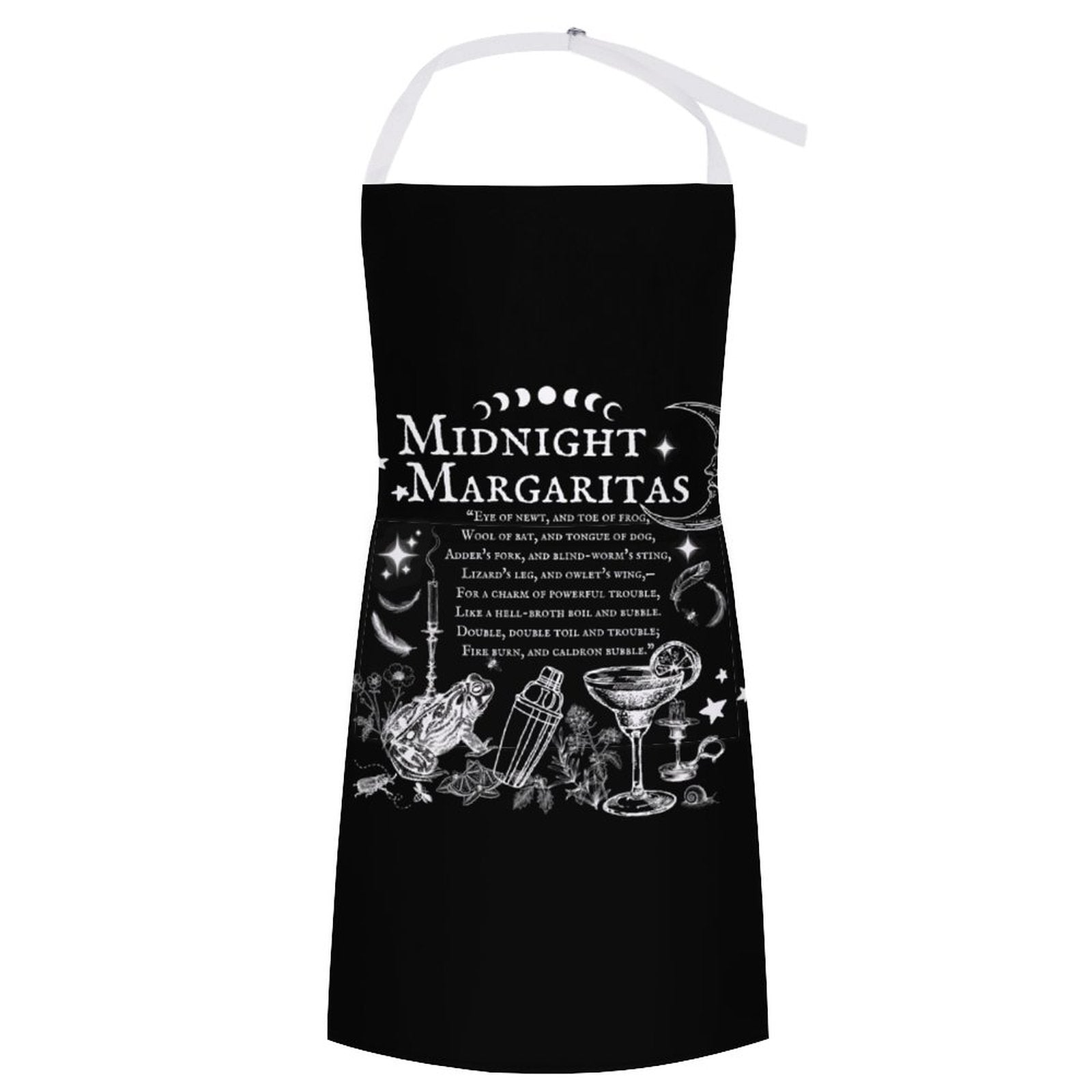 Black apron with 'Midnight Margaritas' text and cocktail graphics on a white background