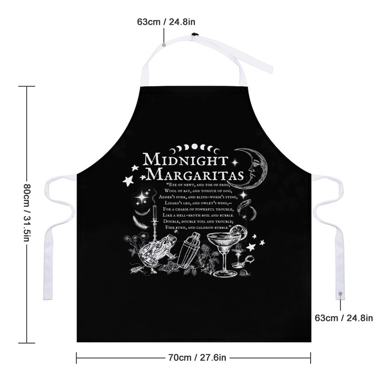 Black apron with 'Midnight Margaritas' design and measurements on a white background