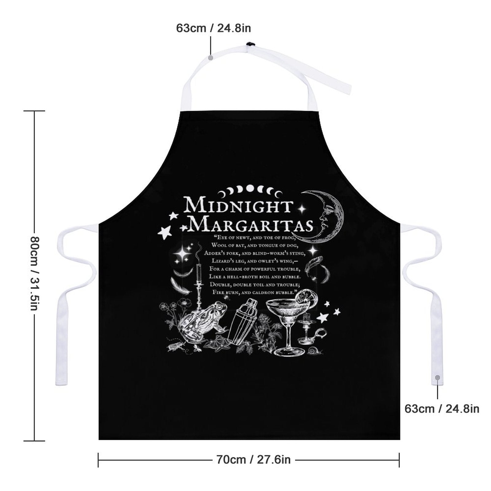 Black apron with 'Midnight Margaritas' design and measurements on a white background