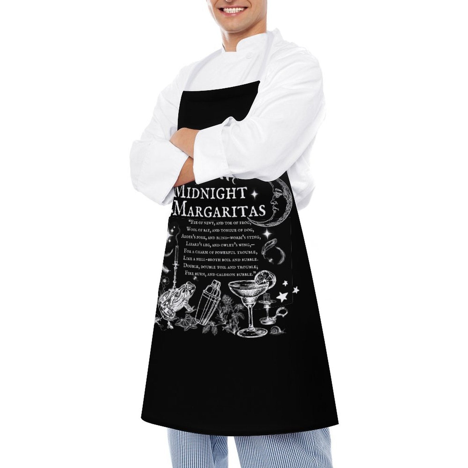 Person wearing a black apron with 'Midnight Margaritas' design on a white background