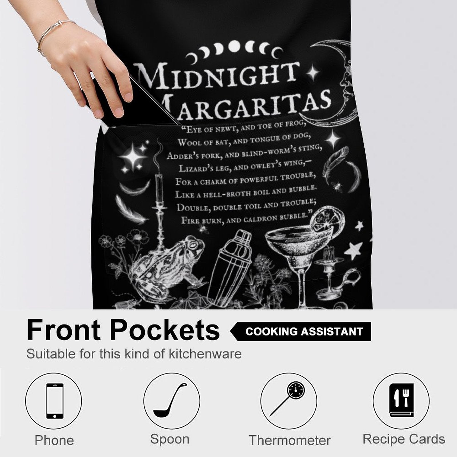Black apron with 'Midnight Margaritas' design and text, suitable for a cooking assistant.