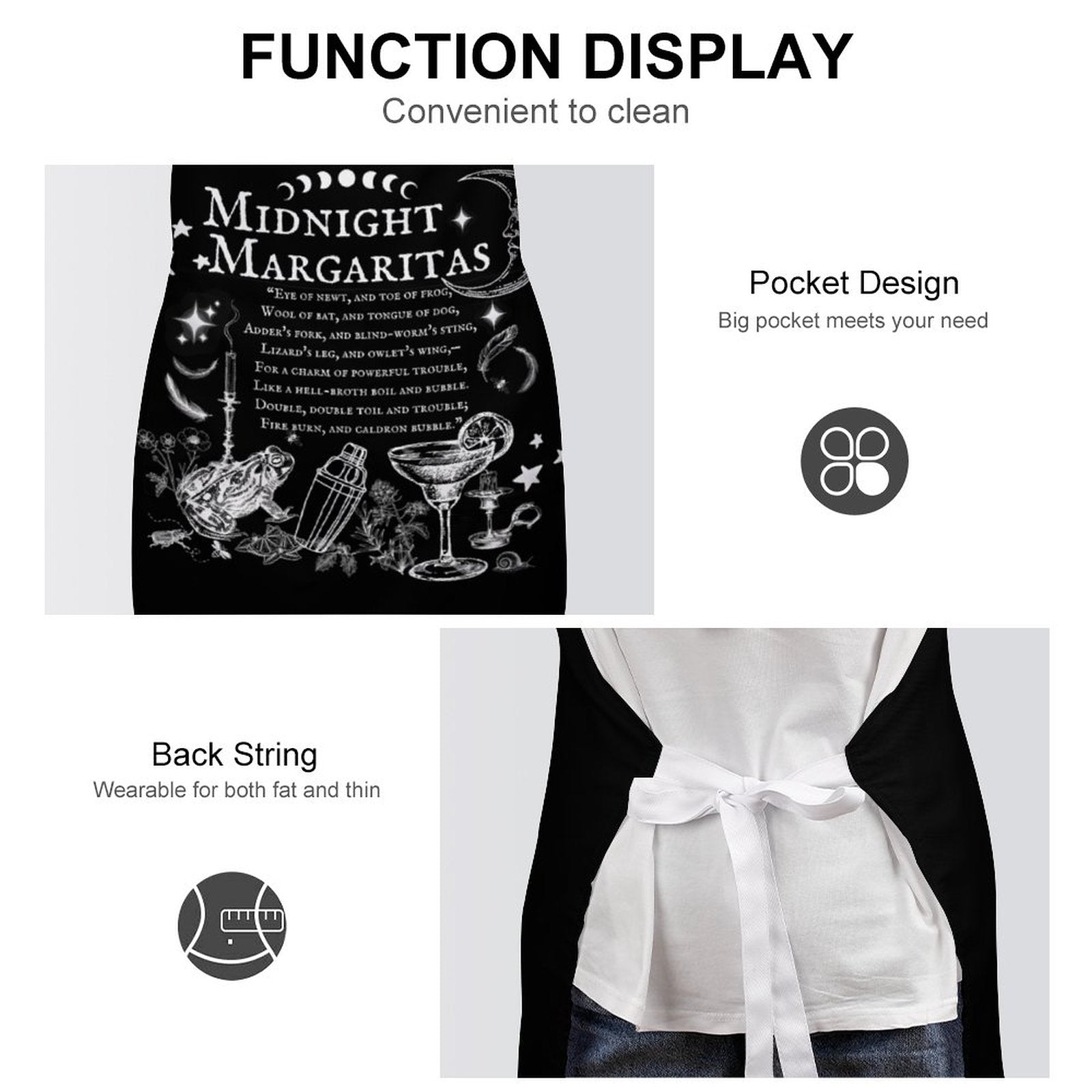 White apron with black graphic design and text, featuring a pocket and back string.