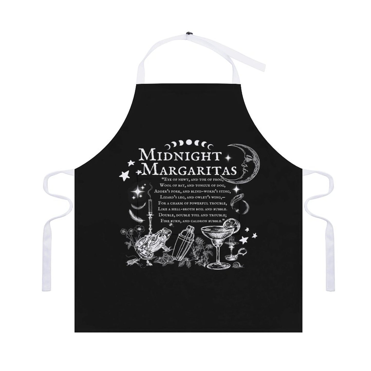 Black apron with 'Midnight Margaritas' design on a white background