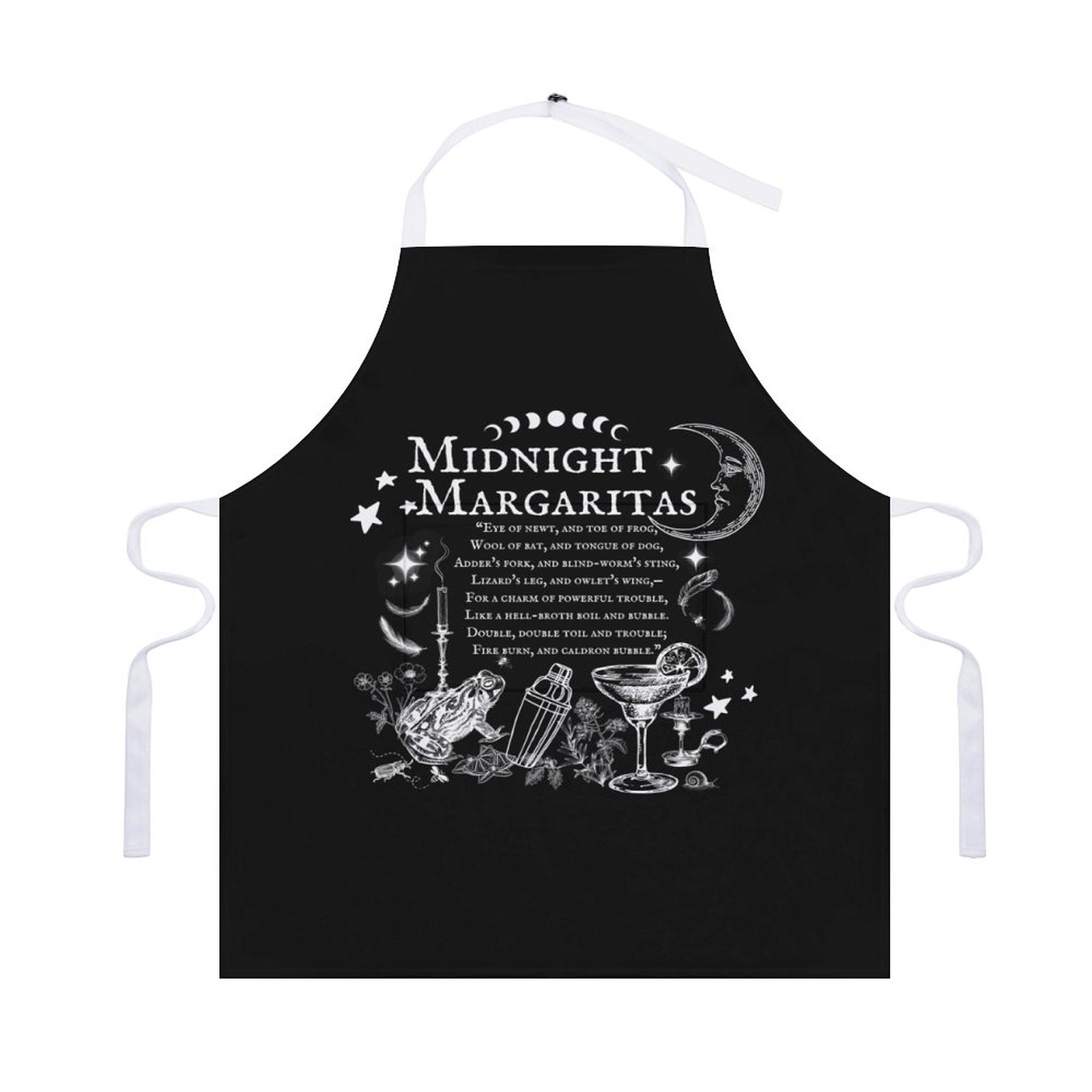 Black apron with 'Midnight Margaritas' design on a white background