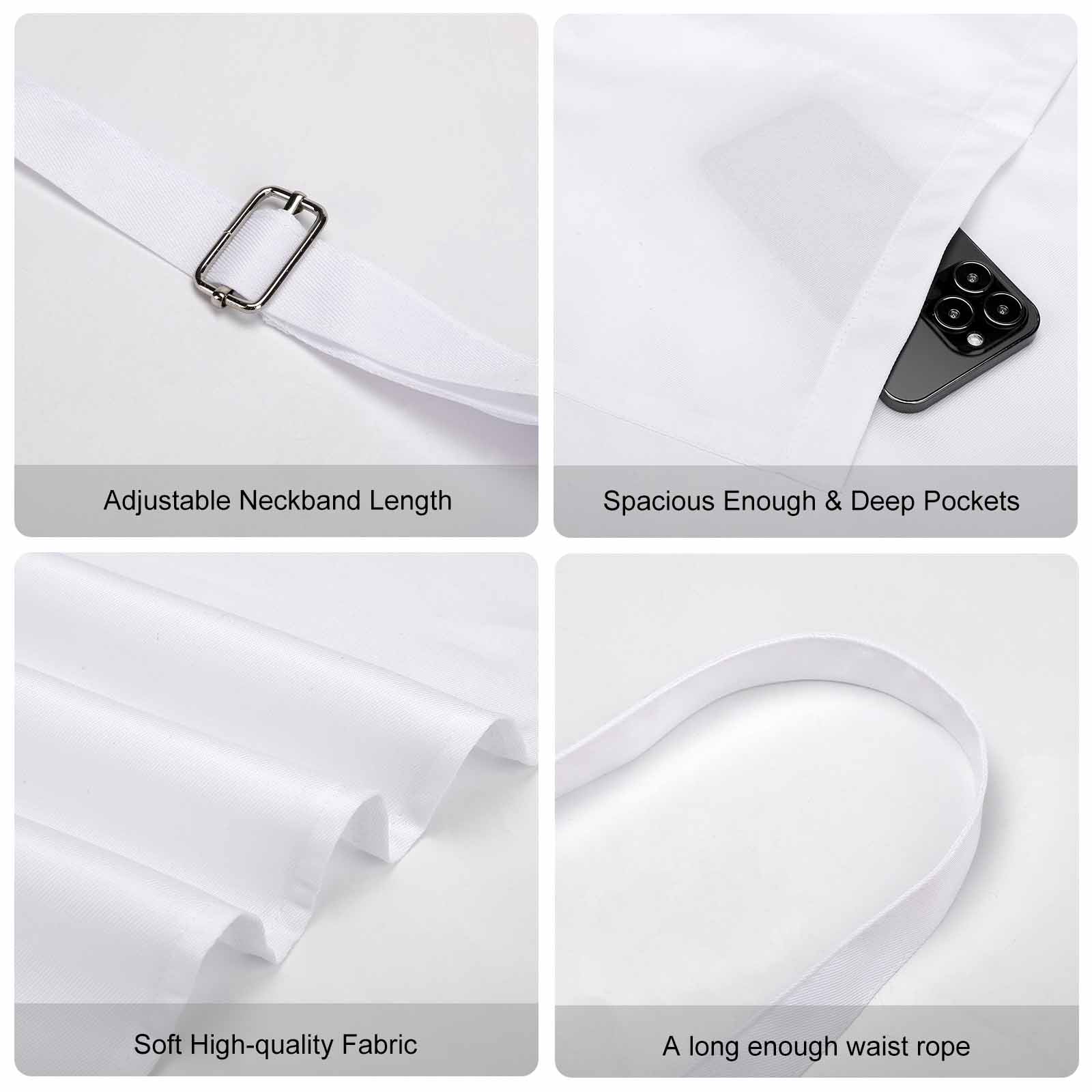 Collage of white shirt features including adjustable neckband, pockets, fabric quality, and waist rope.