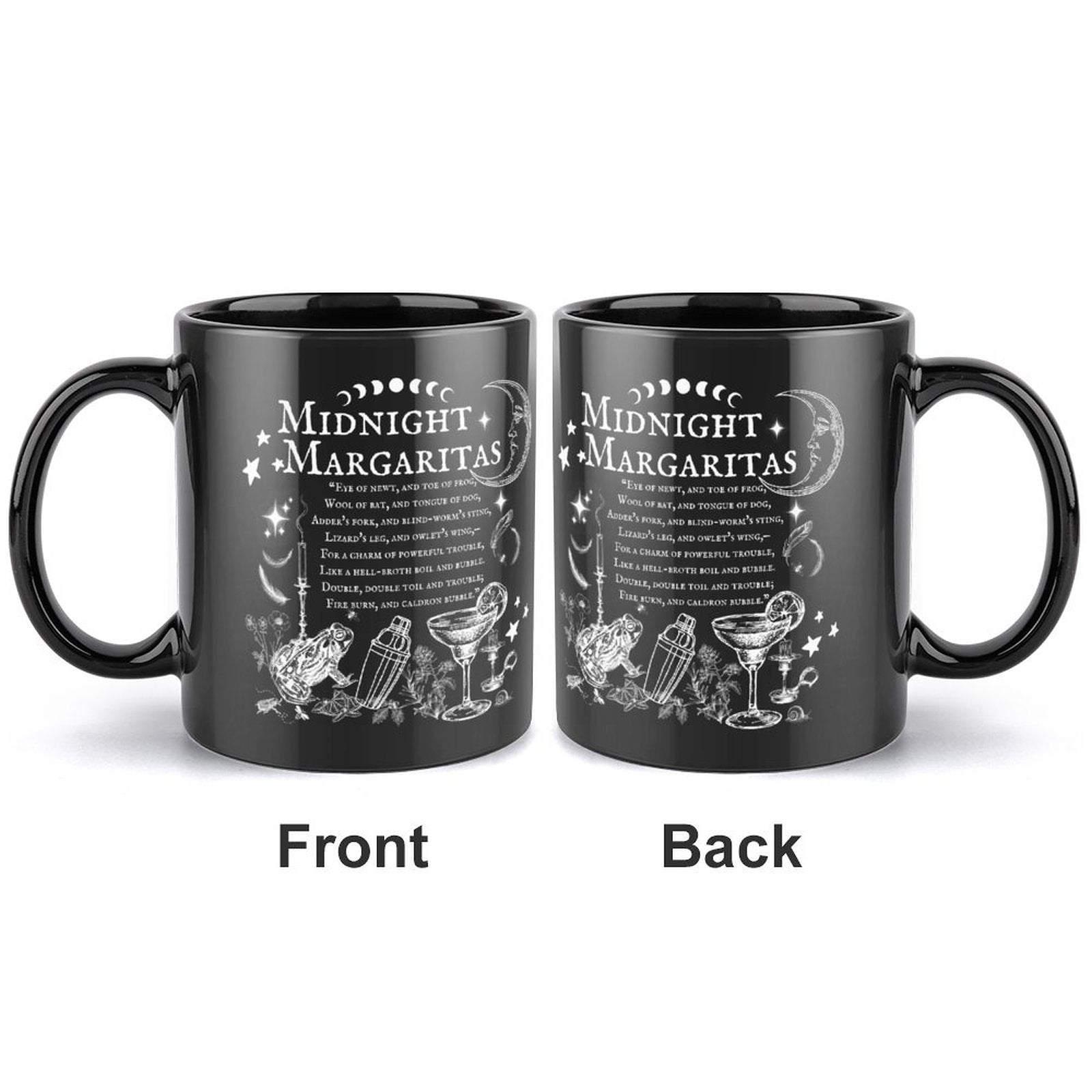 Black mug with 'Midnight Margaritas' text and graphics on a white background