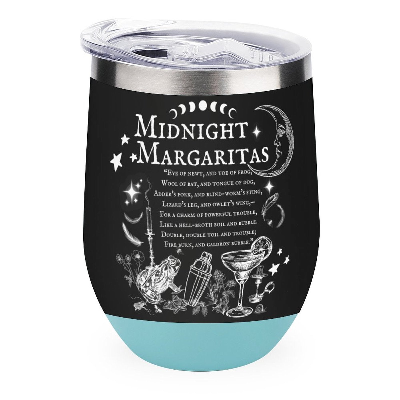 Tumbler with 'Midnight Margaritas' text and cocktail illustrations on a black background with a light blue base.
