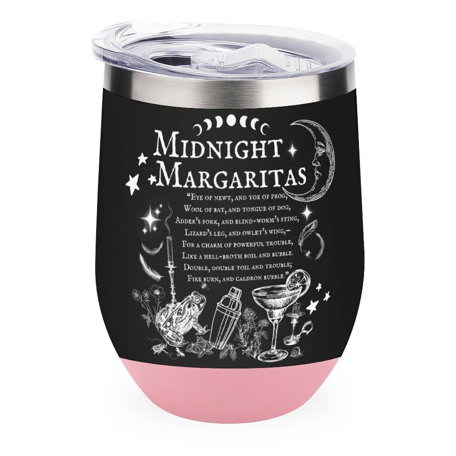 Tumbler with 'Midnight Margaritas' text and cocktail illustrations on a black background with pink base.