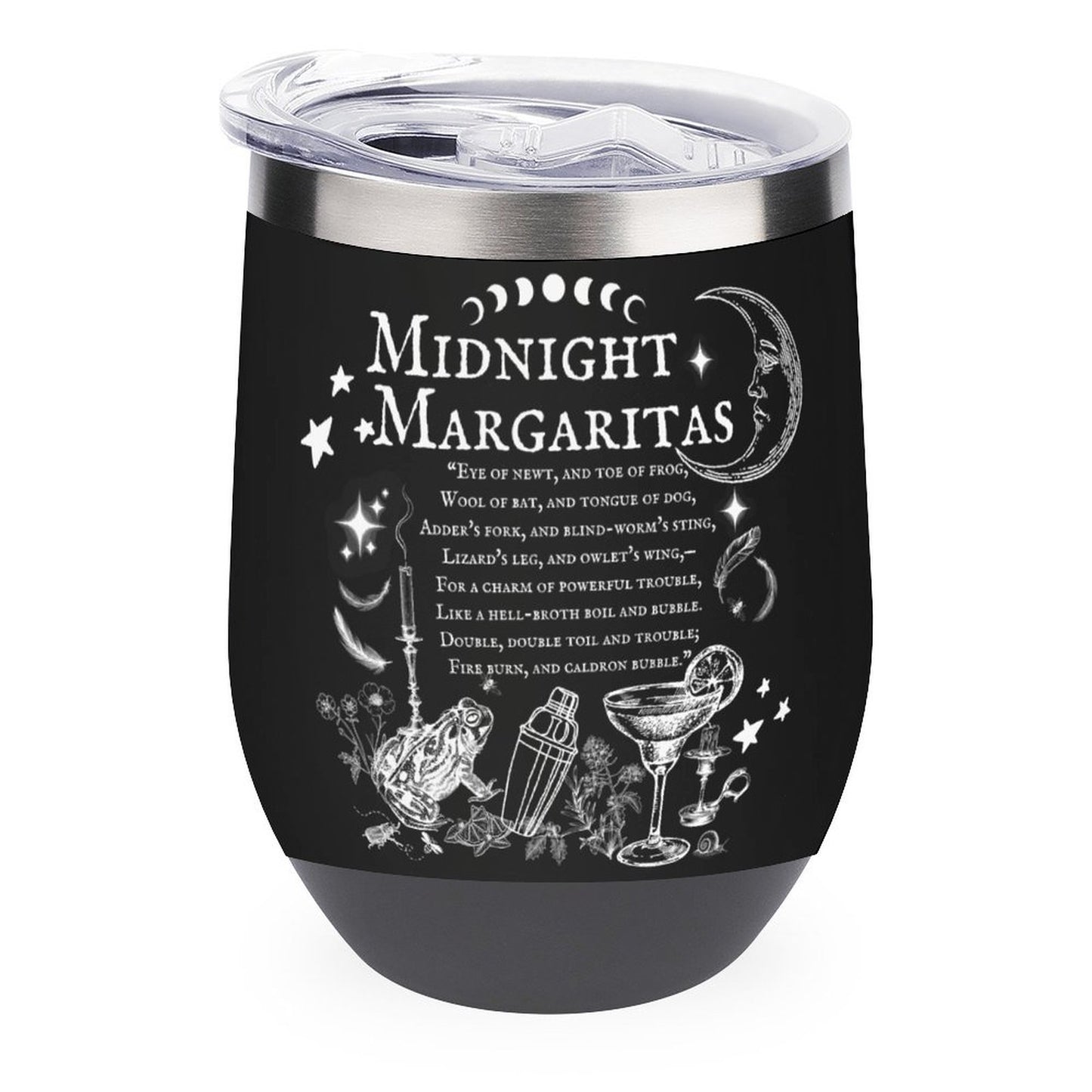 Black tumbler with 'Midnight Margaritas' text and cocktail illustrations on a white background