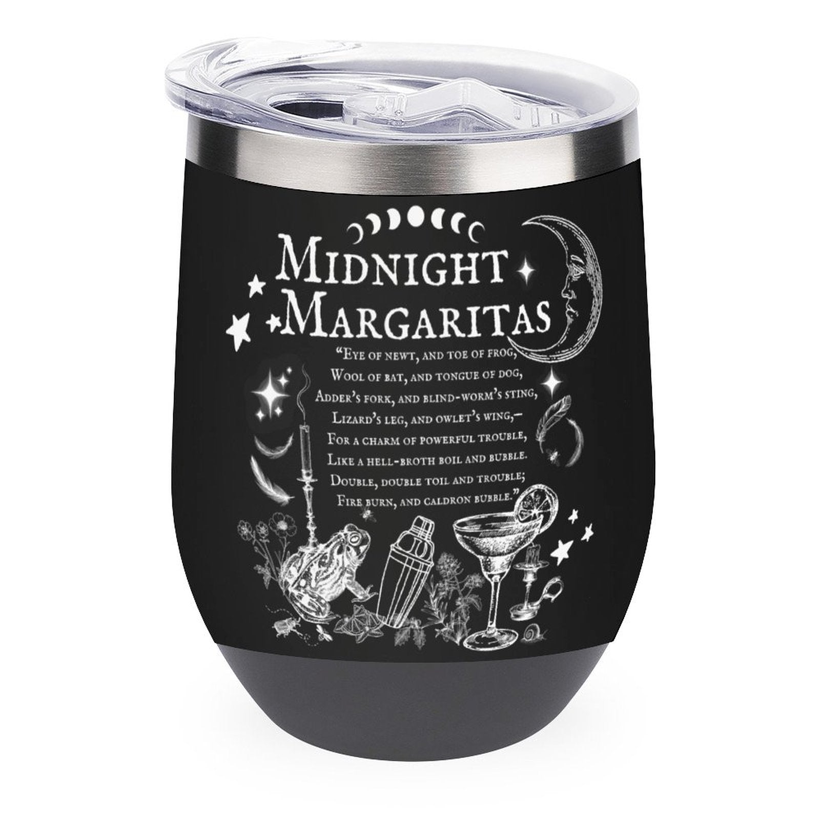 Black tumbler with 'Midnight Margaritas' text and cocktail illustrations on a white background