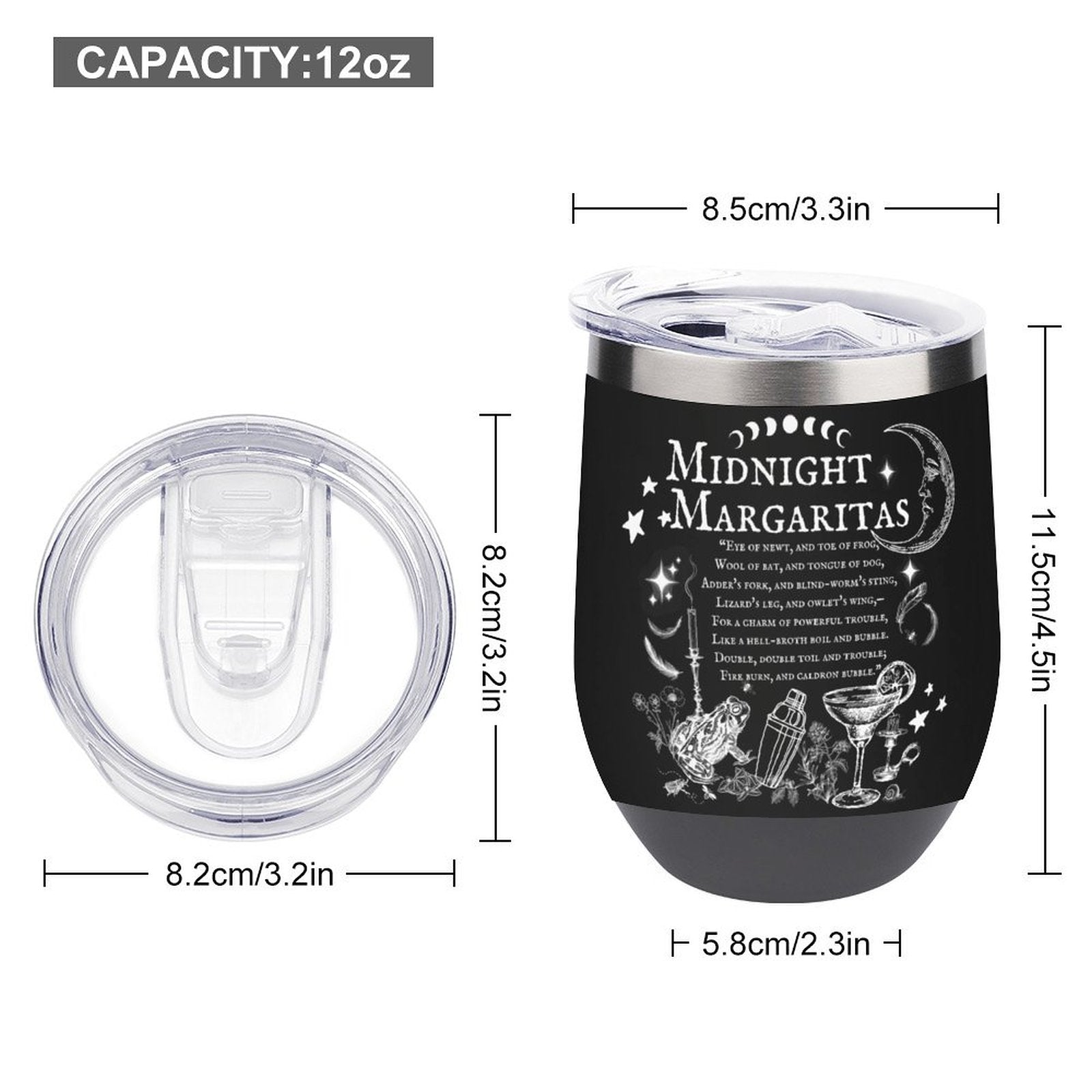 Black tumbler with 'Midnight Margaritas' design and measurements on a white background