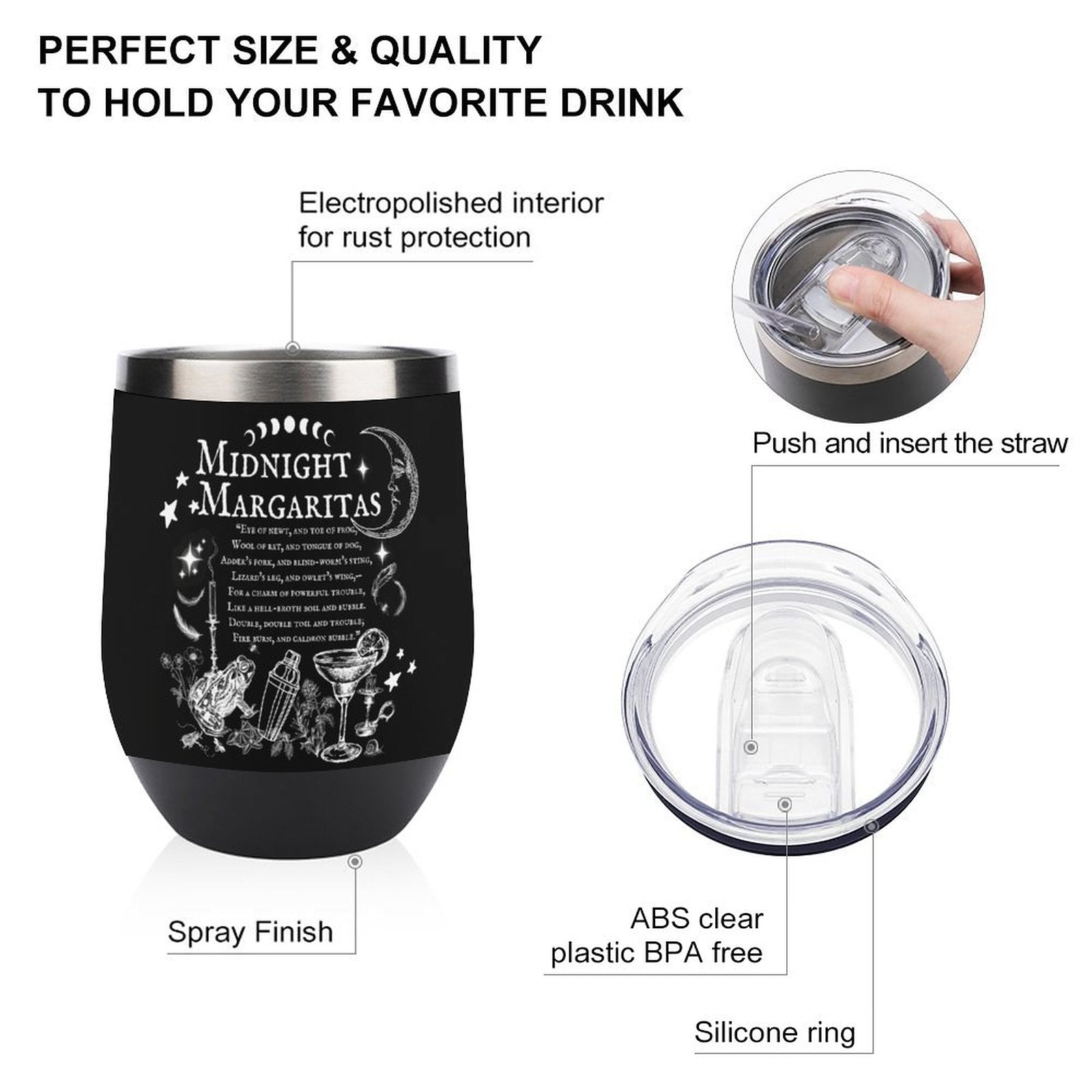 Black tumbler with 'Midnight Margaritas' text and illustrations, featuring features like electropolished interior and straw insertion.