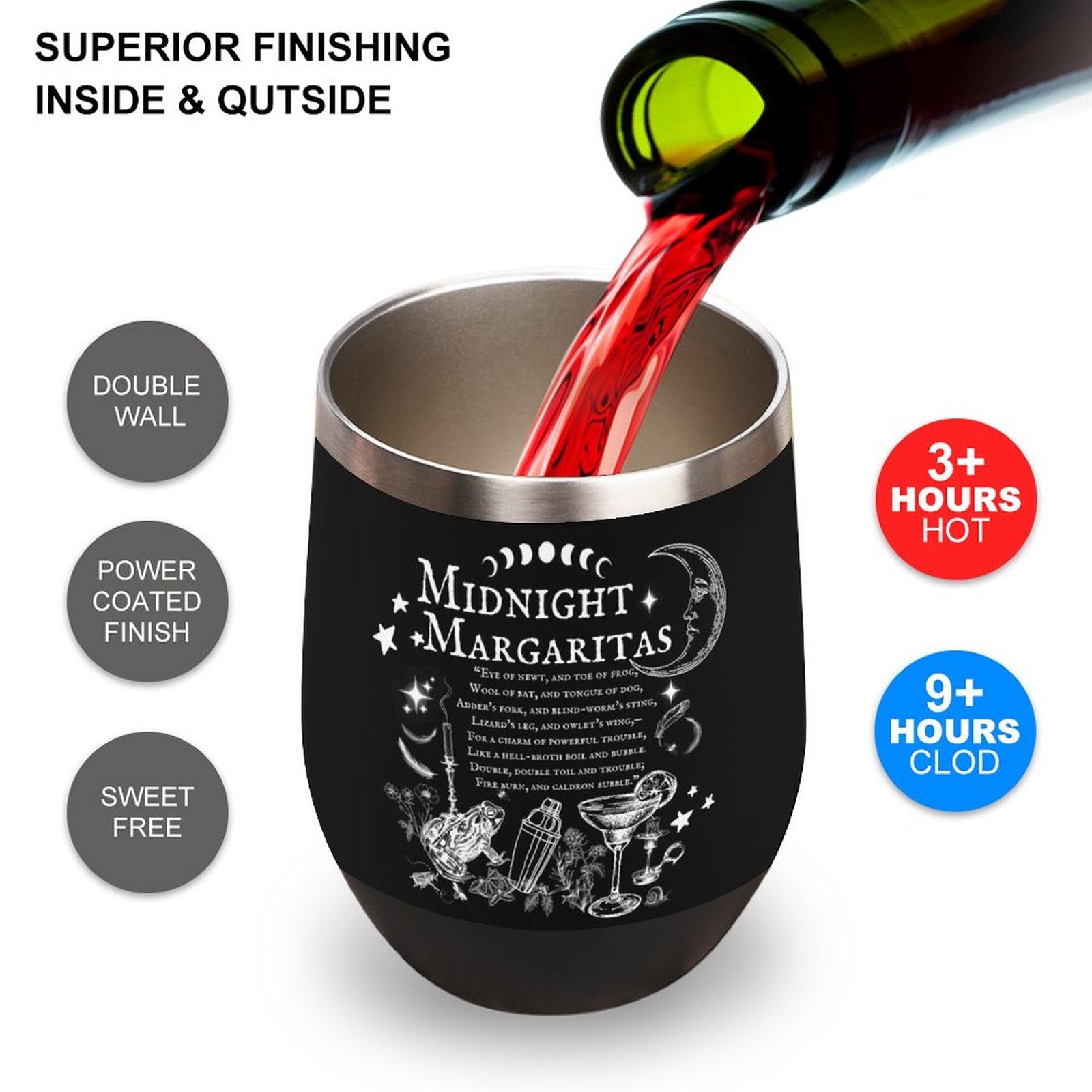 Black wine tumbler with 'Midnight Margaritas' design, pouring red liquid, and product features on a white background.