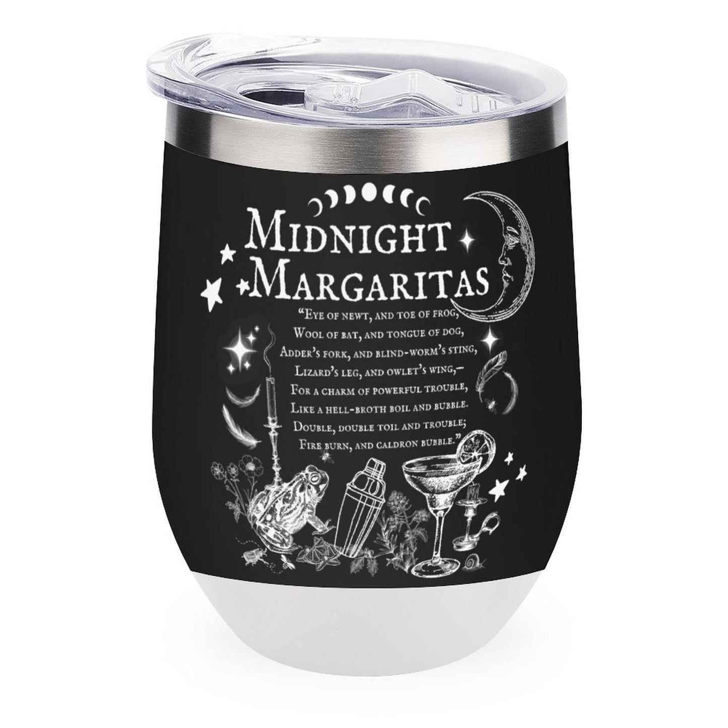 Black tumbler with 'Midnight Margaritas' text and cocktail illustrations on a white background