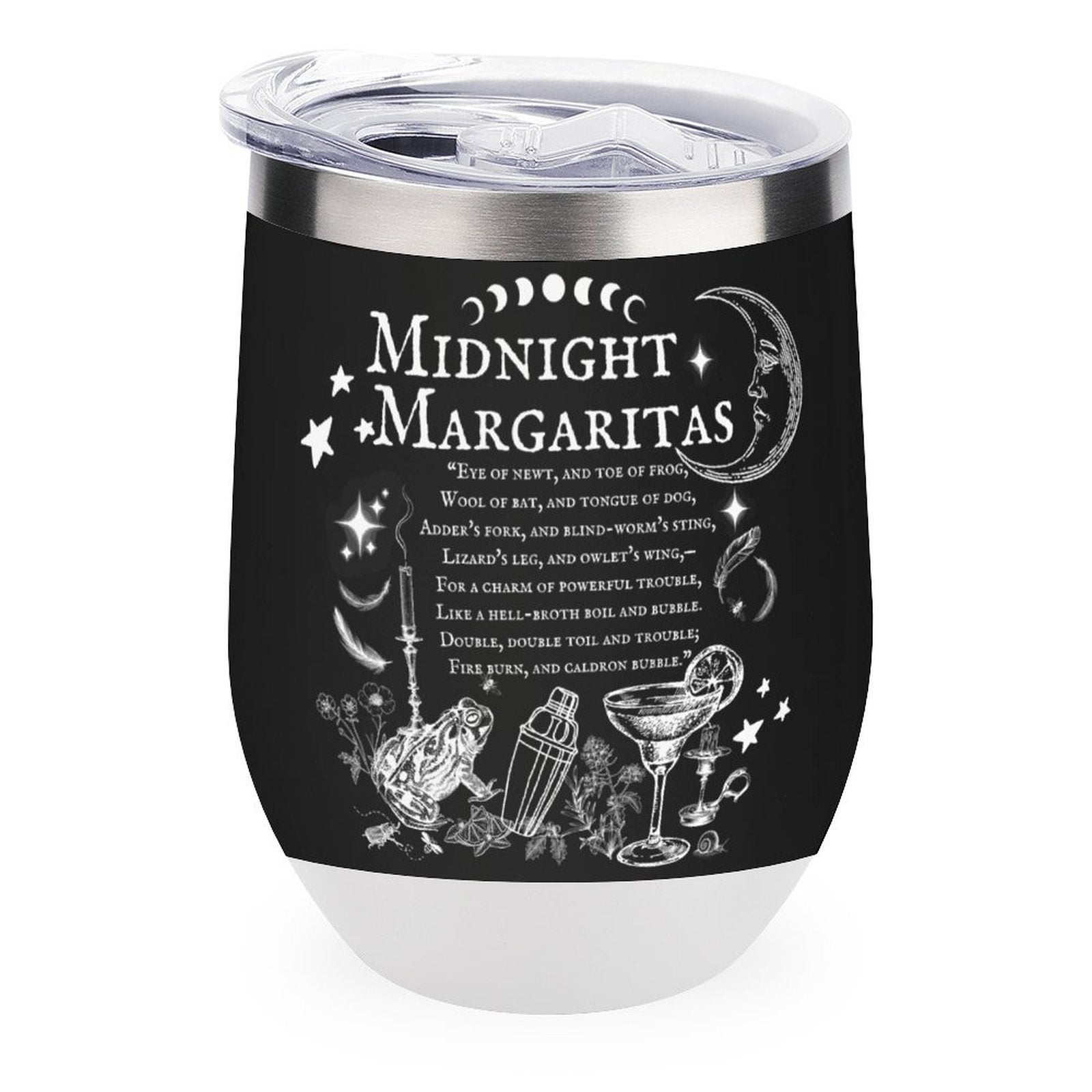 Black tumbler with 'Midnight Margaritas' text and cocktail illustrations on a white background