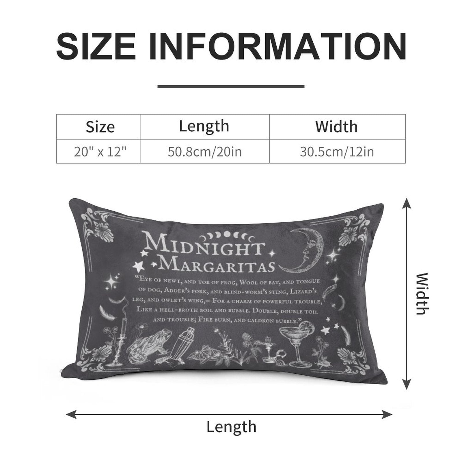 Size information chart for a decorative pillow with 'Midnight Margaritas' text and illustrations.