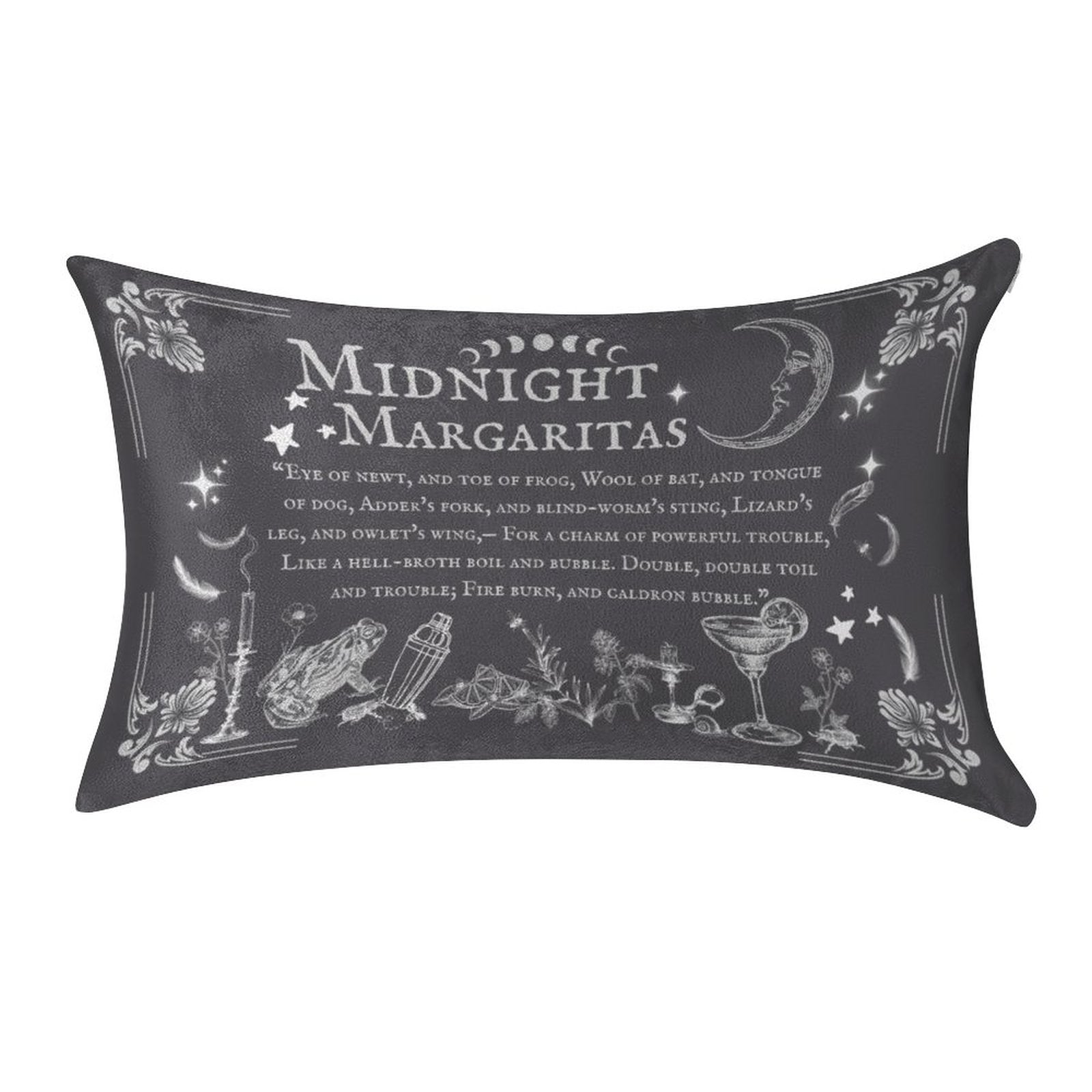 Decorative pillow with 'Midnight Margaritas' text and potion ingredients illustration on a dark background