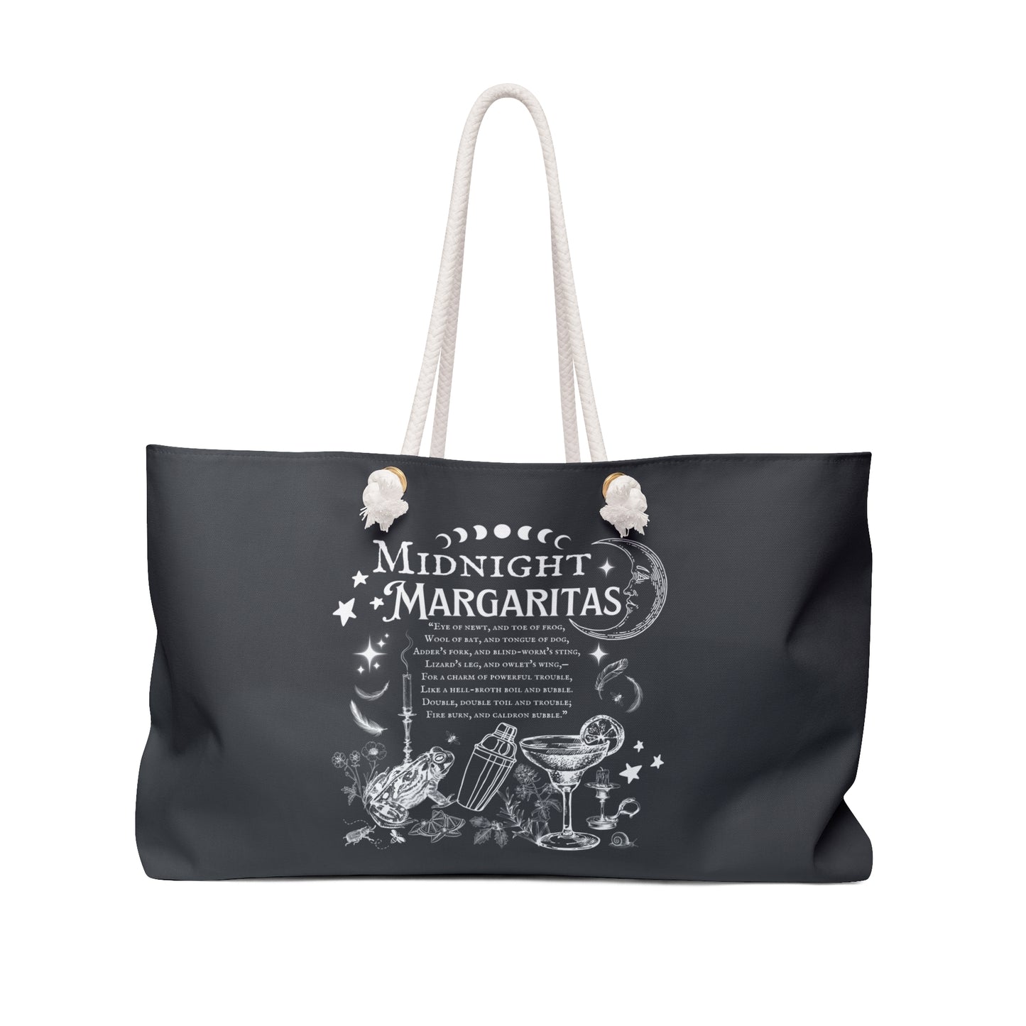 Black tote bag with 'Midnight Margaritas' design on a white background