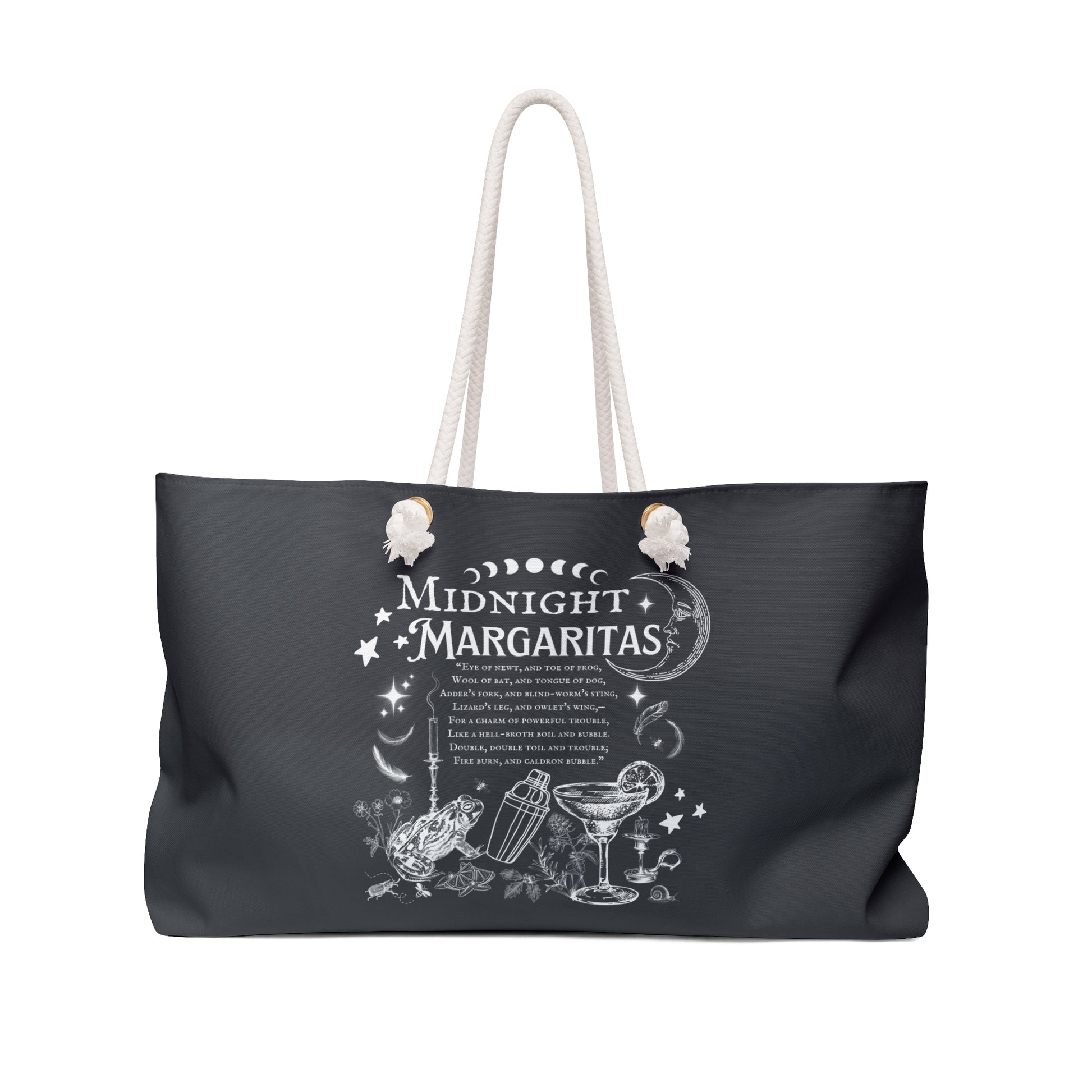 Black tote bag with 'Midnight Margaritas' design on a white background