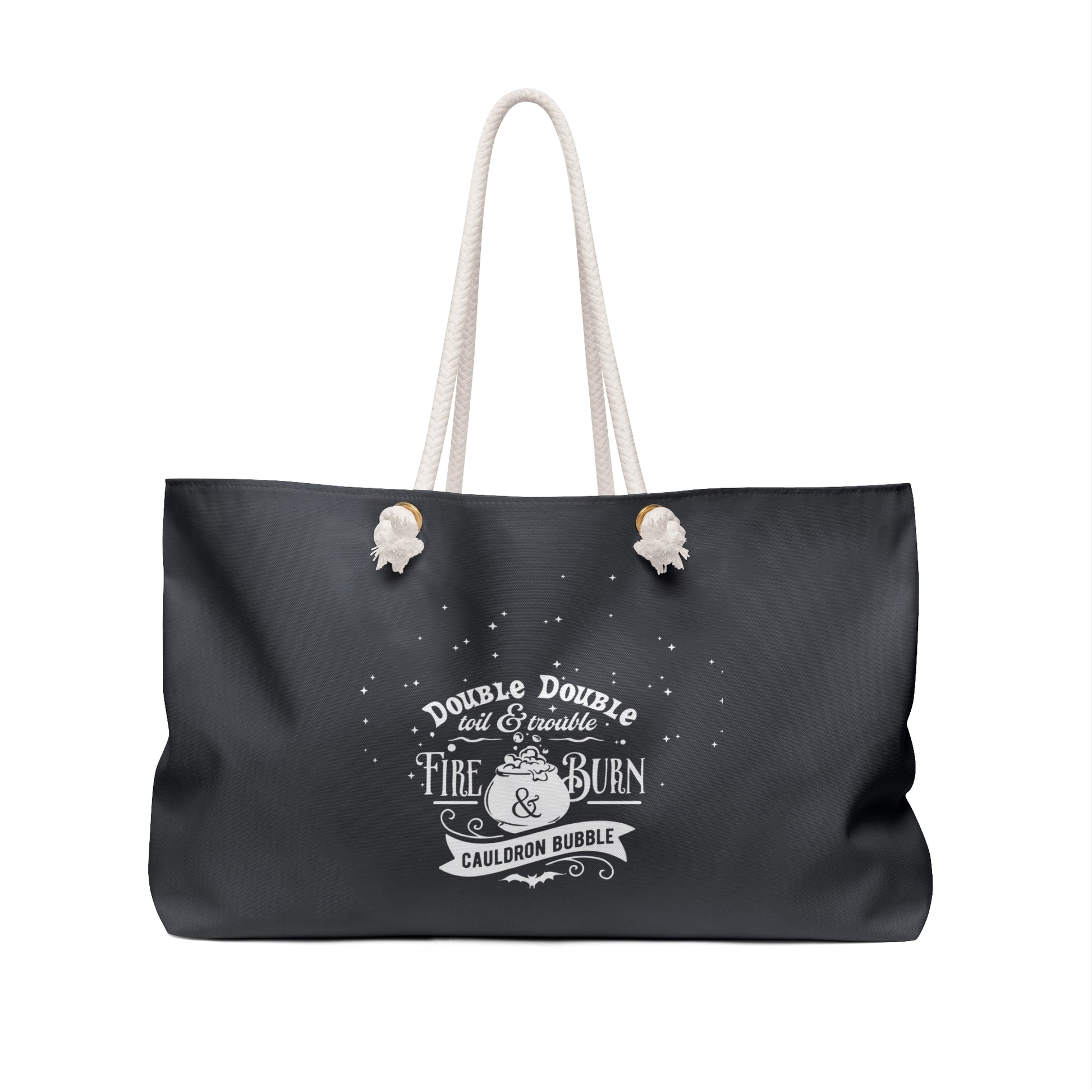 Black tote bag with white text and design on a white background