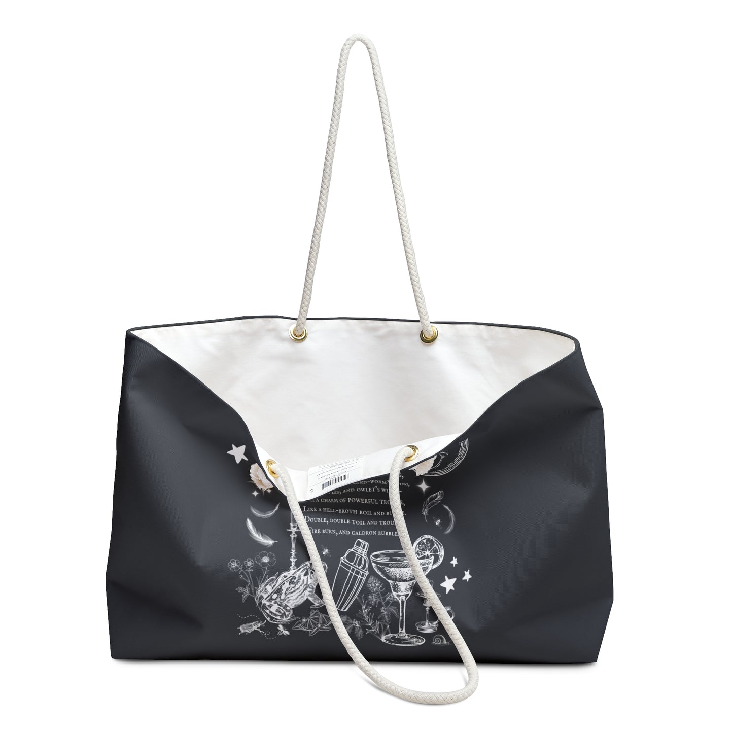 Black tote bag with white drawstring and graphic design on a white background