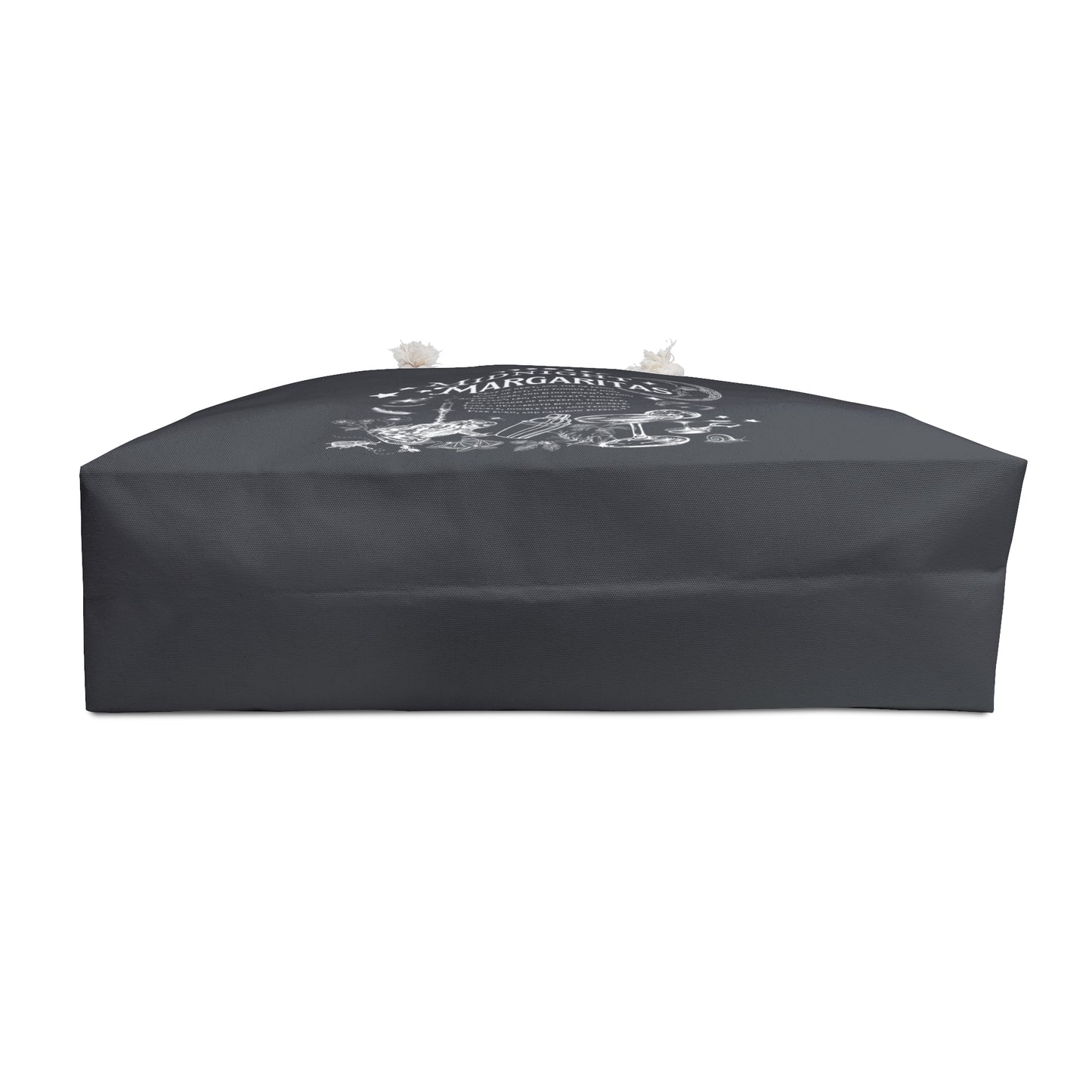 Black rectangular cushion with white text and graphics on a white background