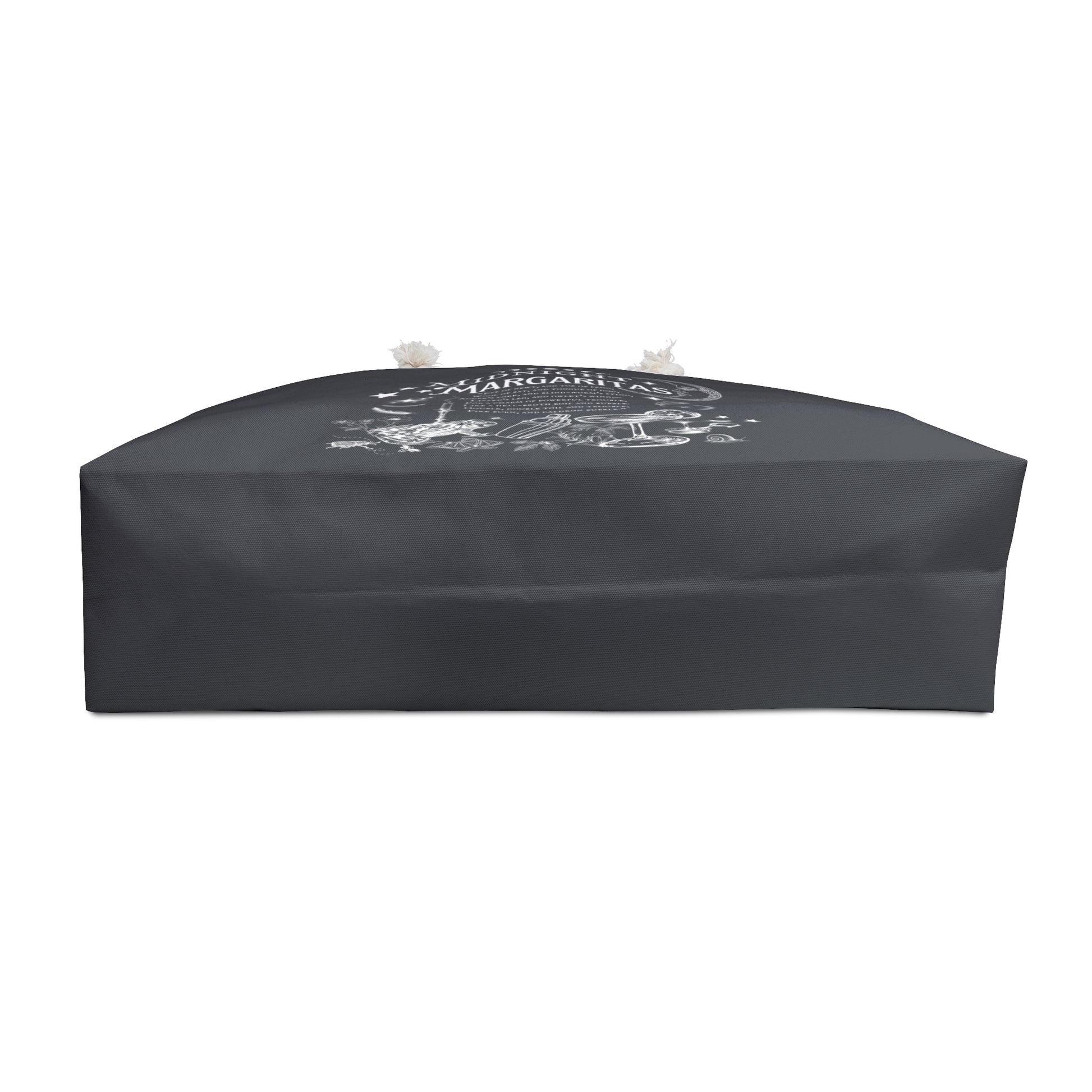 Black rectangular cushion with white text and graphics on a white background