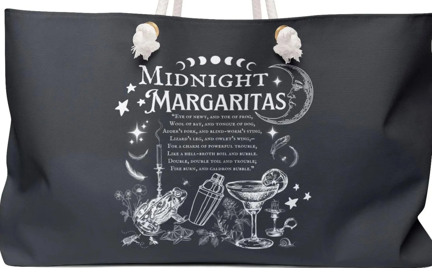 Black tote bag with white 'Midnight Margaritas' text and cocktail graphics