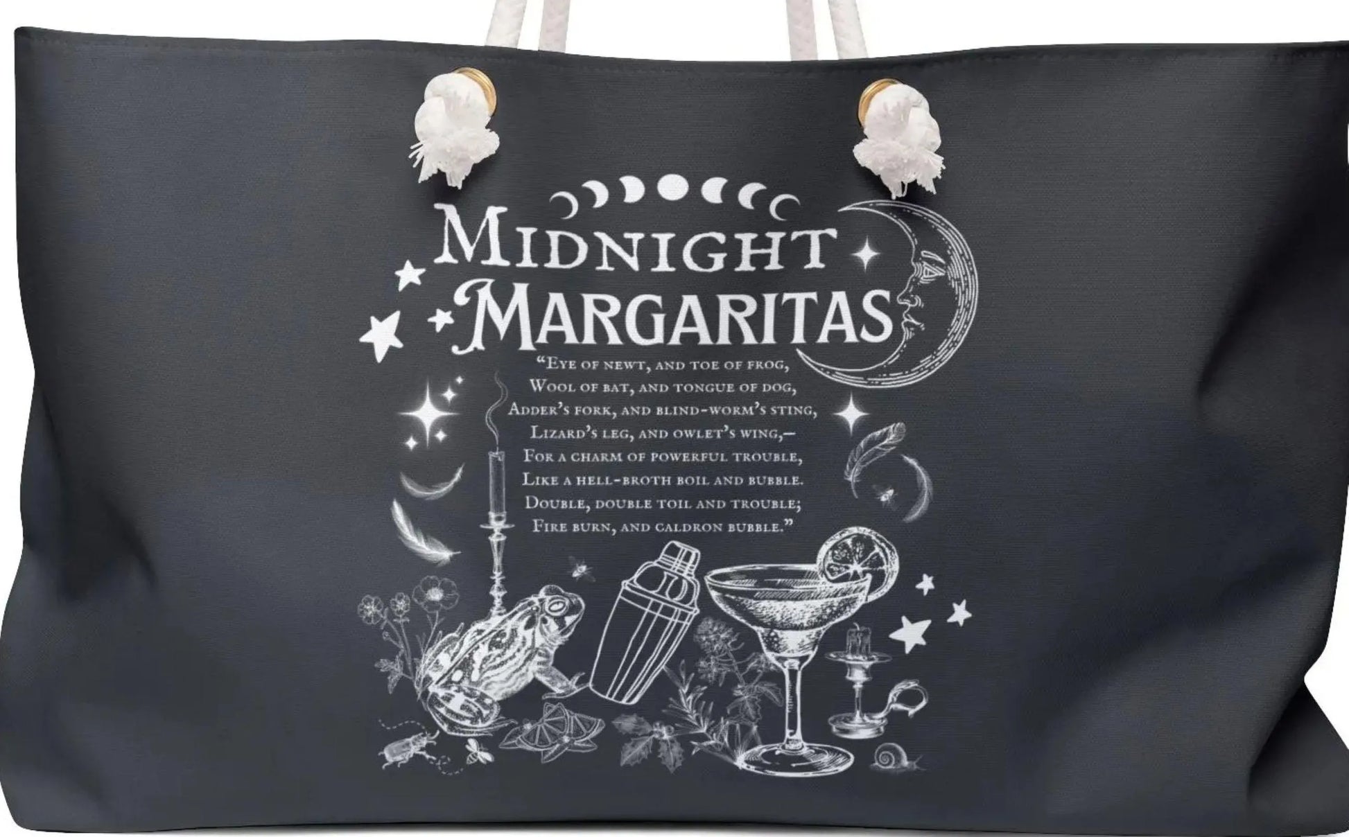 Black tote bag with white 'Midnight Margaritas' text and cocktail graphics