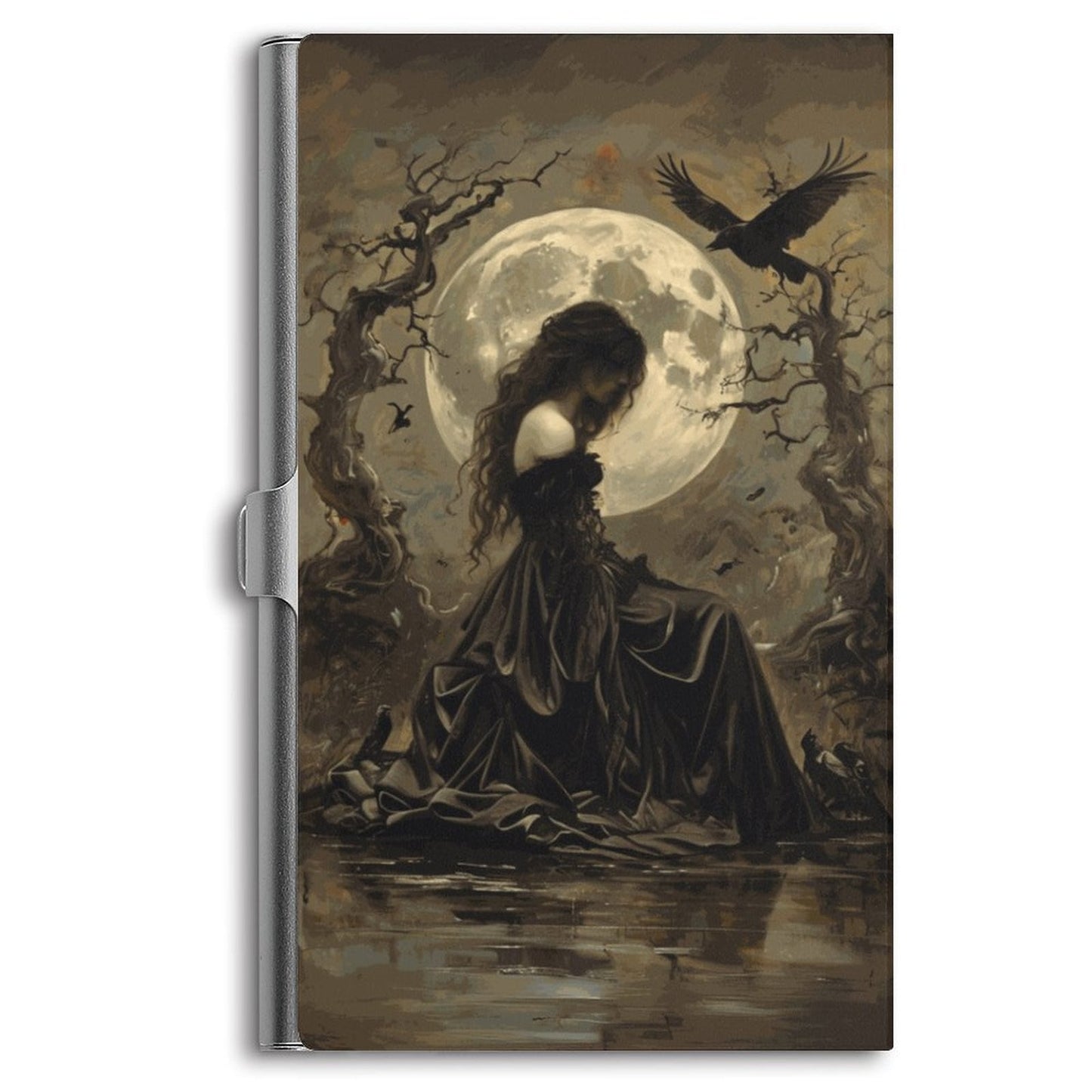 Notebook cover with a woman in a dark dress sitting by water, surrounded by trees and a full moon.
