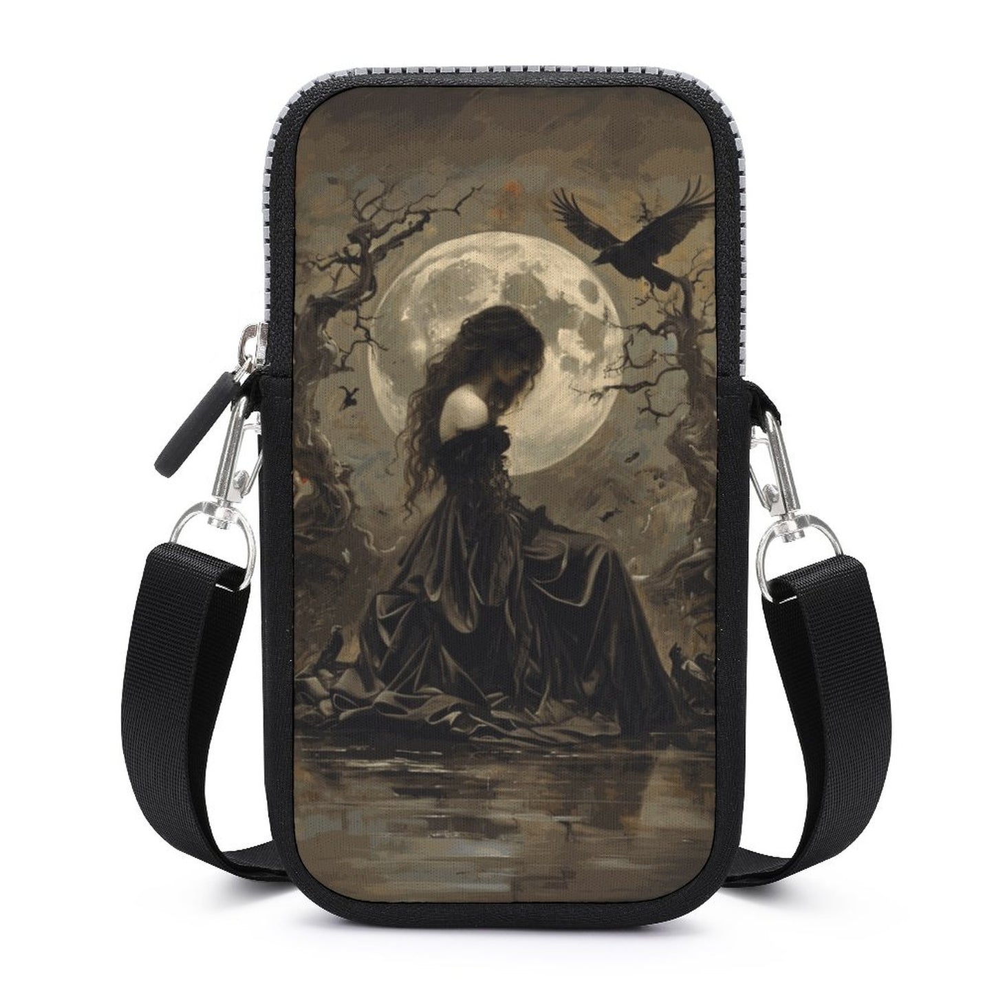 A neoprene cell phone crossbody pouch with a detachable strap, featuring a printed design with a woman sitting by water under a moonlit sky with a bird flying by.