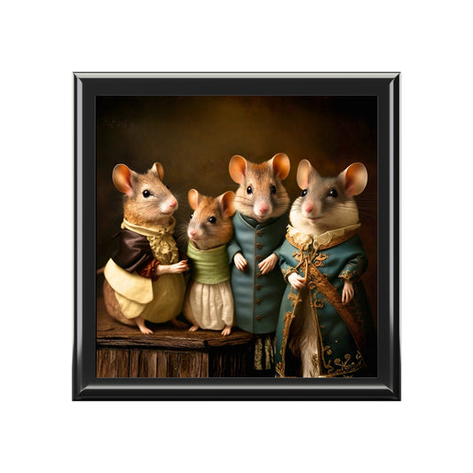 Framed artwork of four stylized mice in costumes on a white background