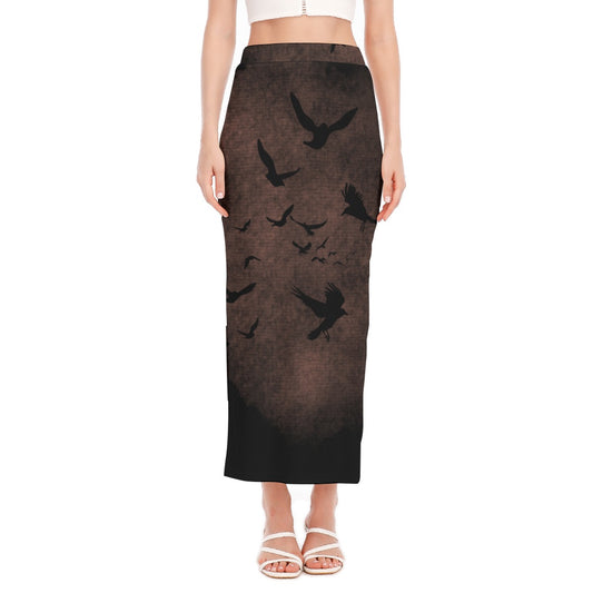 Long skirt with bird pattern worn by a model on a white background