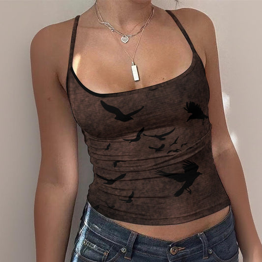 Brown tank top with black bird designs worn by a person against a neutral background