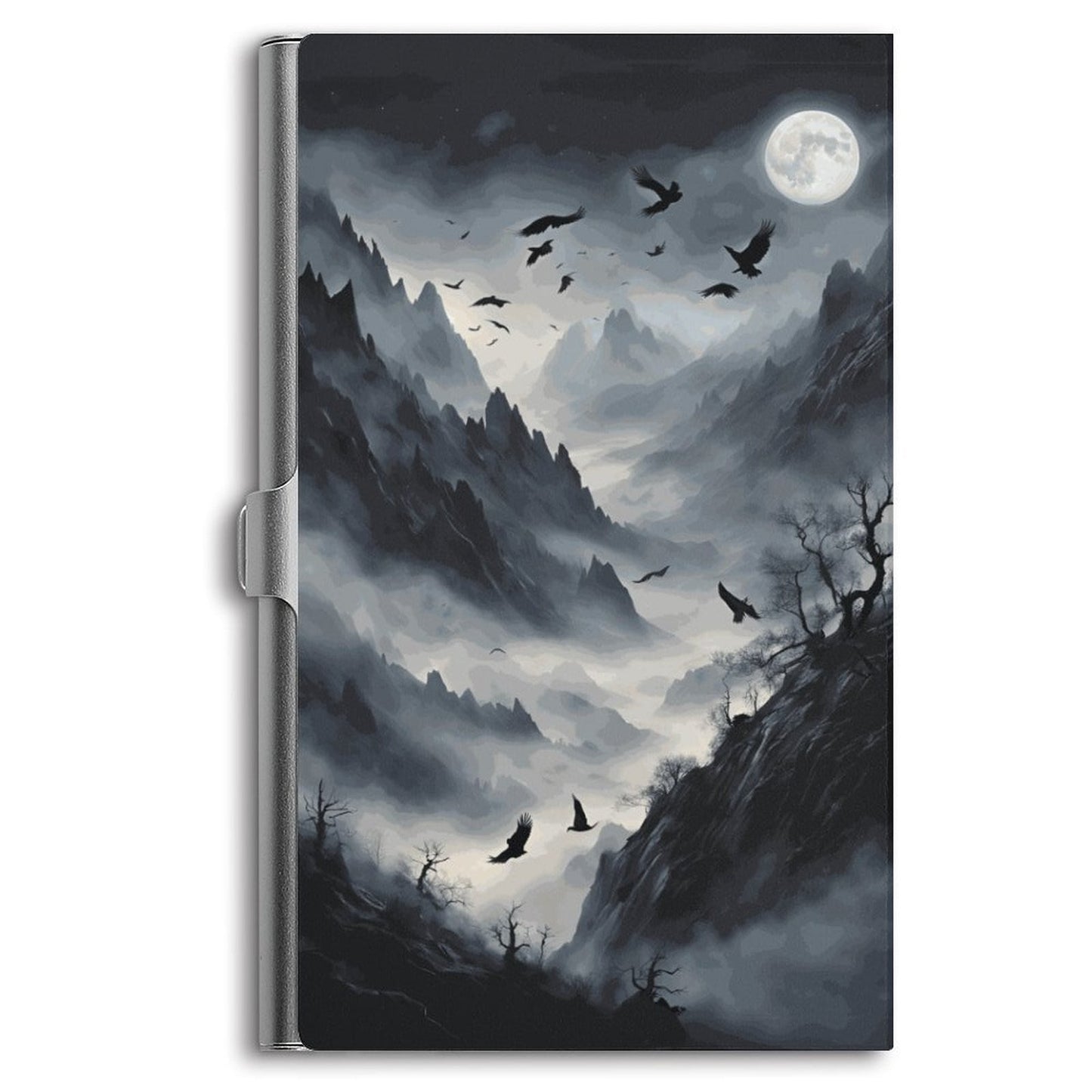 A business card holder with a UV printed case featuring a nighttime scene with crows and trees.