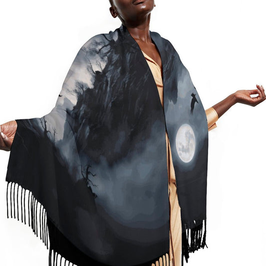 Murder of Crows Midnight Soft Tassel Scarf, Witchy Clothing, Raven Gothic Shawl