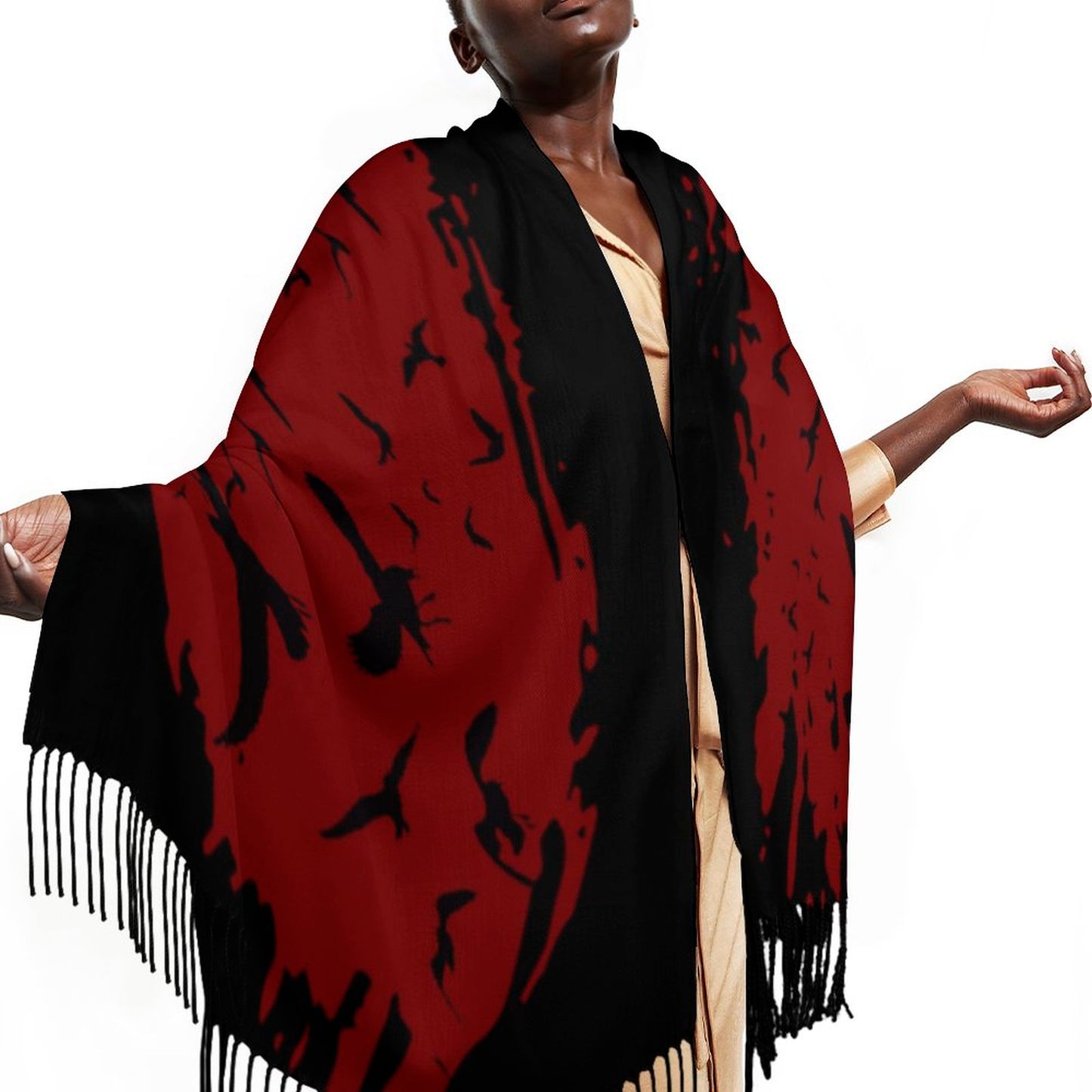 Murder of Crows Oxblood Tassel Scarf, Raven Wrap Gothic Clothing