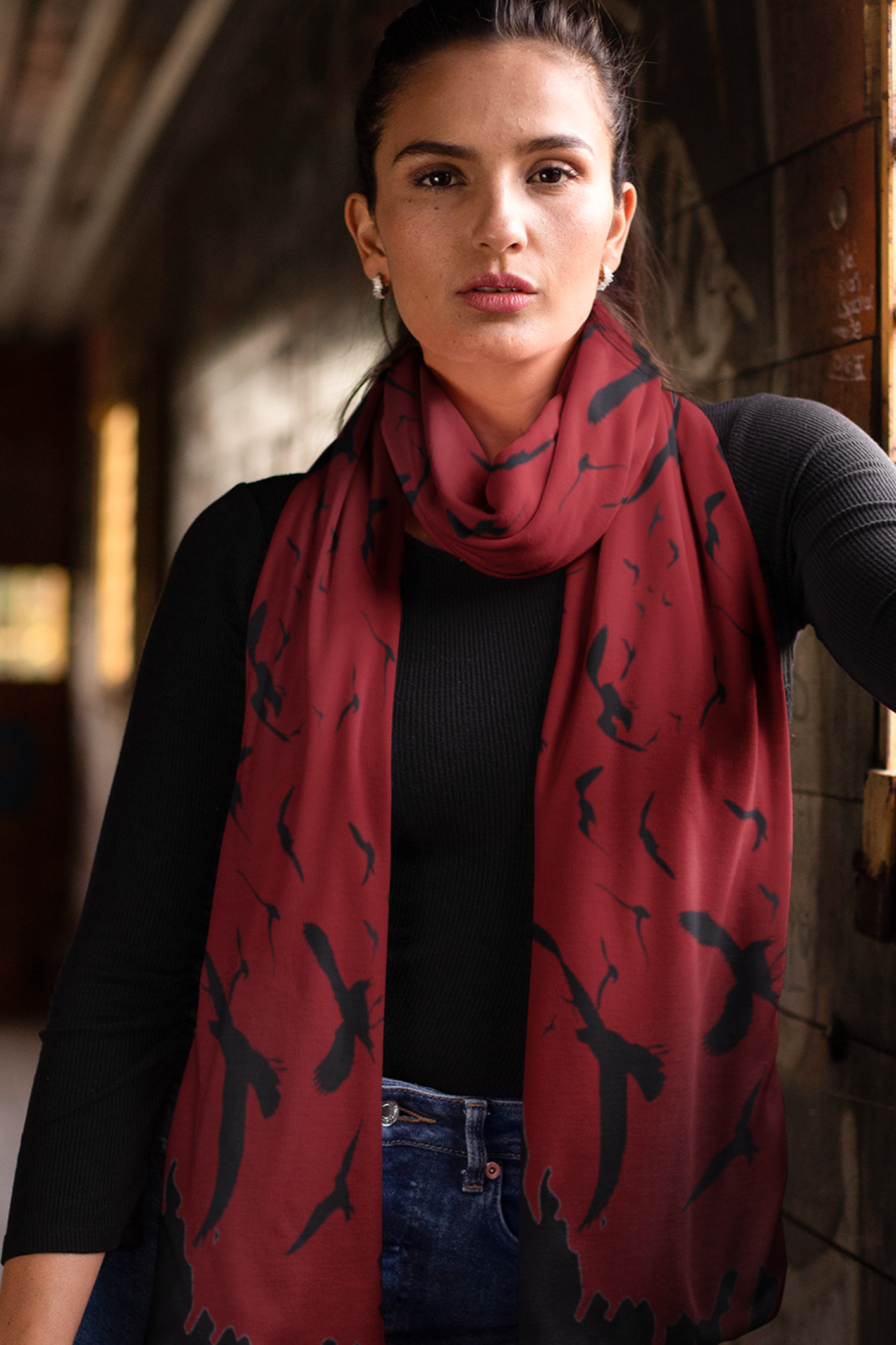Murder of Crows Oxblood Tassel Scarf, Raven Wrap Gothic Clothing