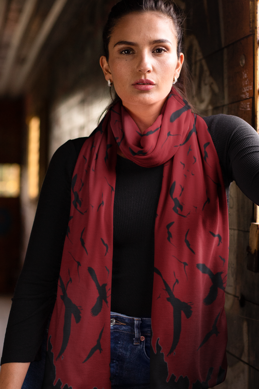 Murder of Crows Oxblood Tassel Scarf, Raven Wrap Gothic Clothing