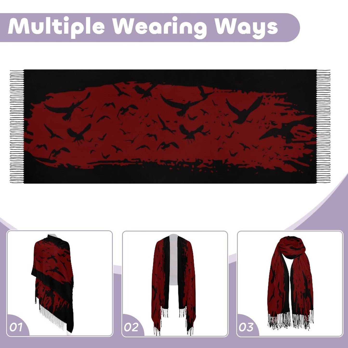 Murder of Crows Oxblood Tassel Scarf, Raven Wrap Gothic Clothing