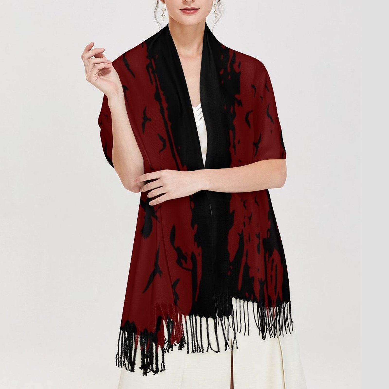 Murder of Crows Oxblood Tassel Scarf, Raven Wrap Gothic Clothing