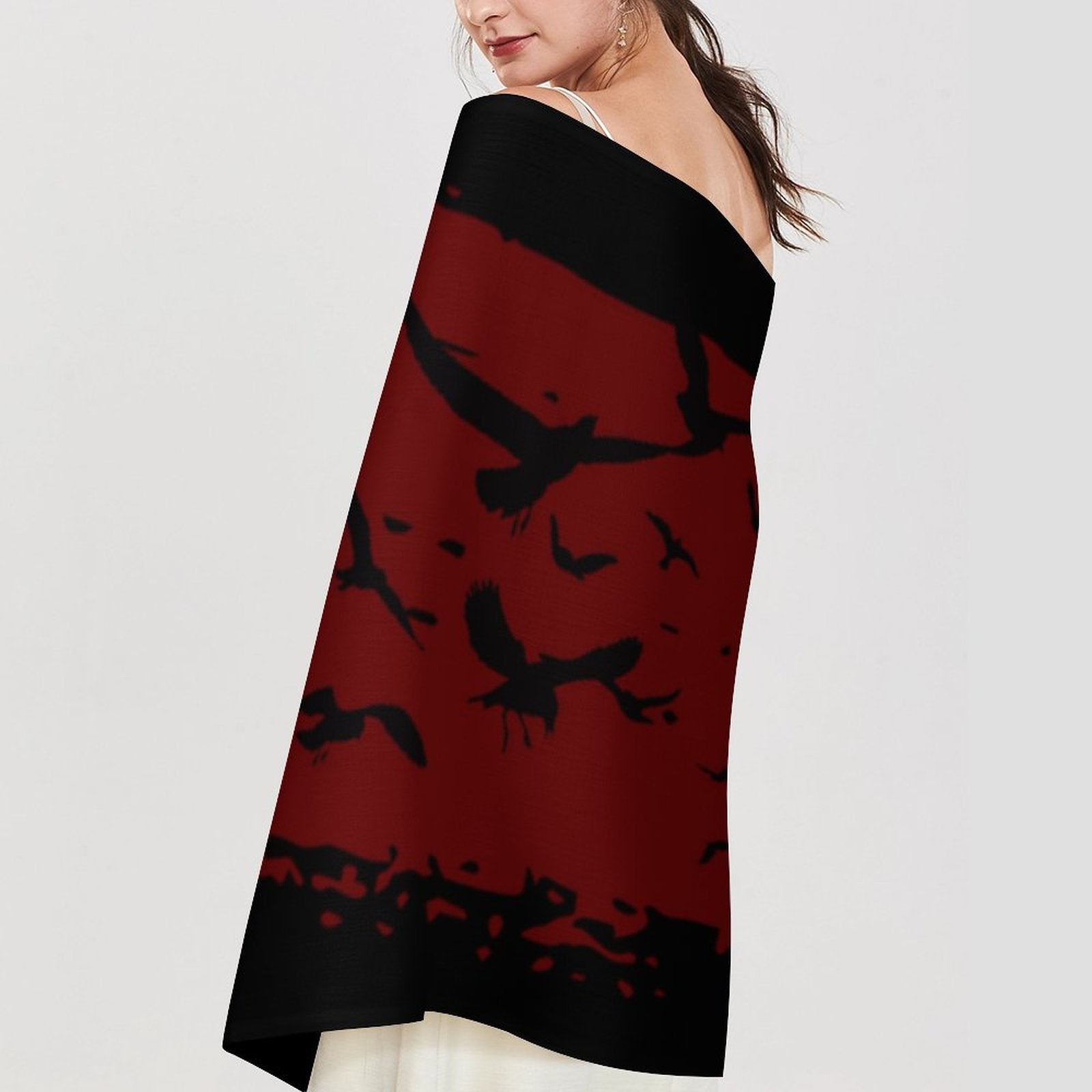 Murder of Crows Oxblood Tassel Scarf, Raven Wrap Gothic Clothing