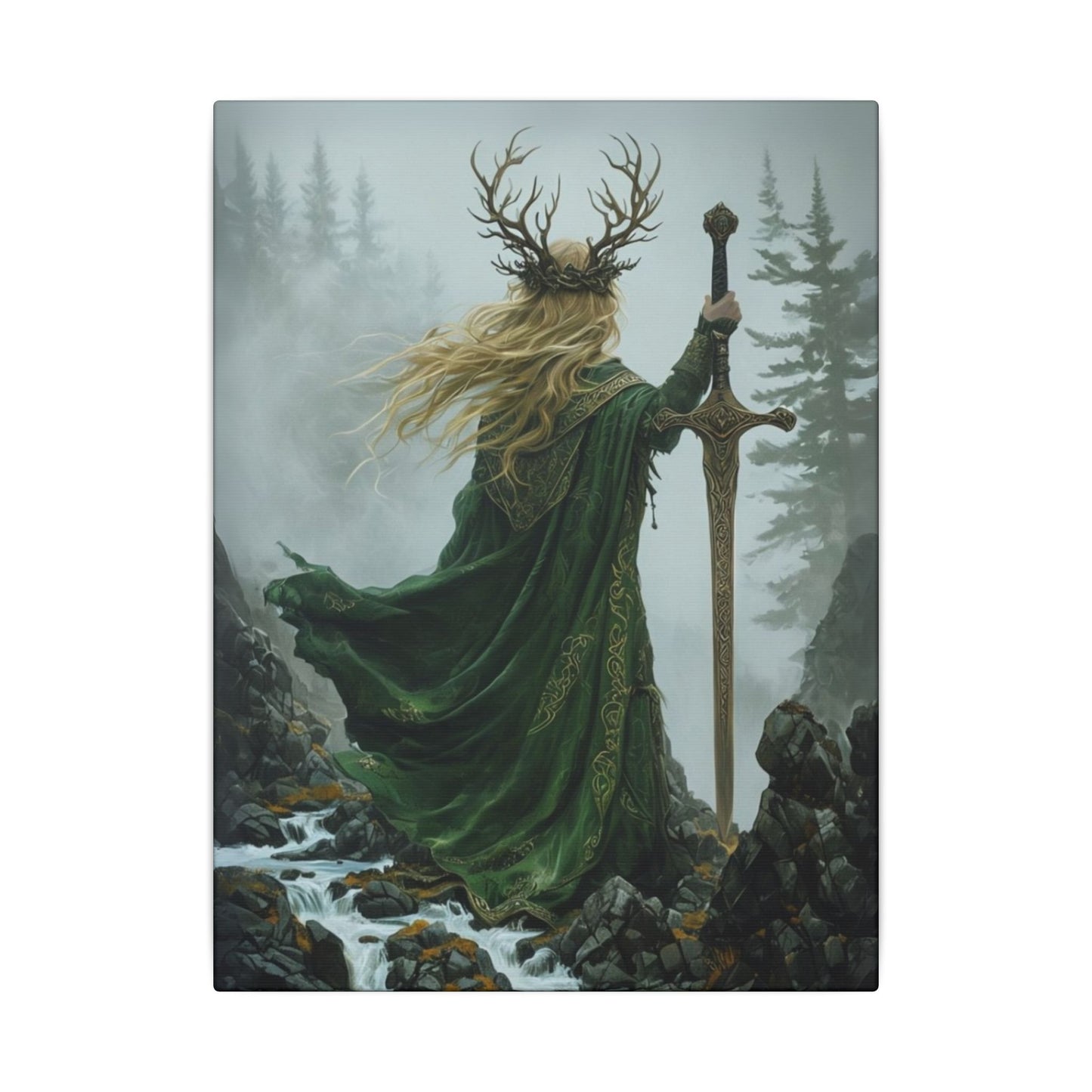 Fantasy character in a green robe with a sword, standing on a rocky landscape with trees.